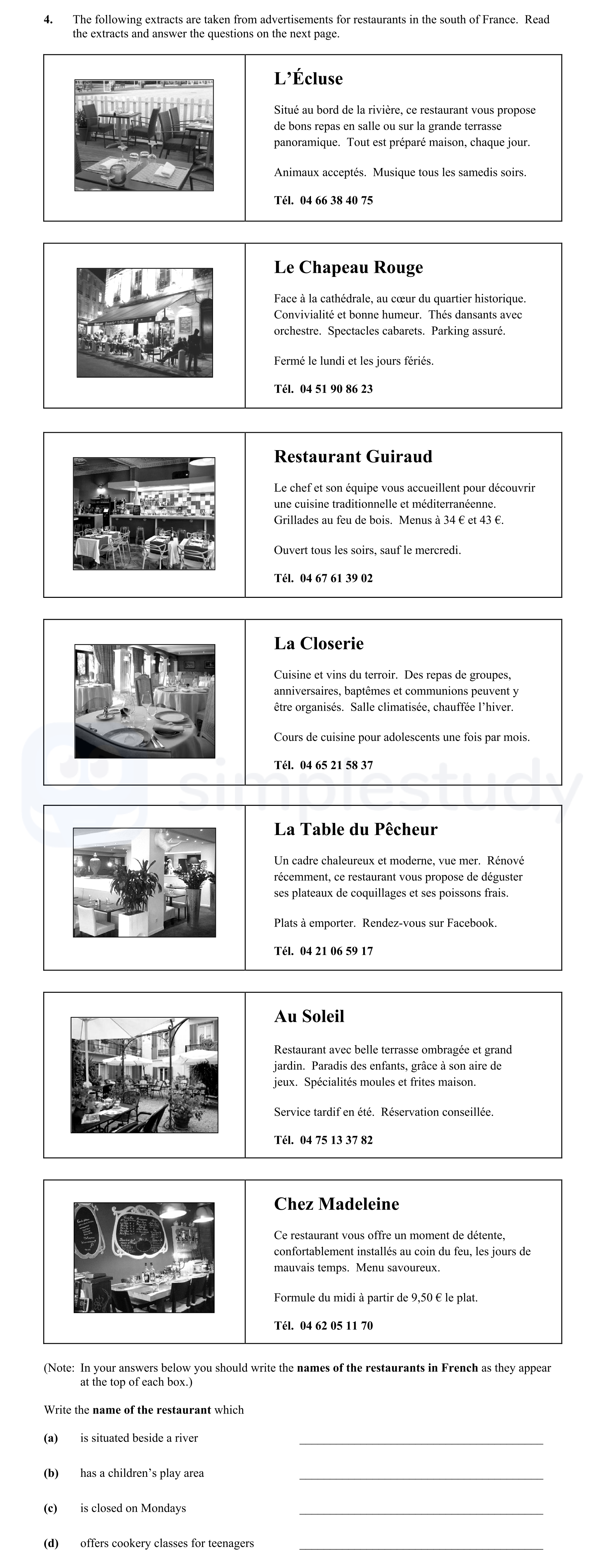 The-following-extracts-are-taken-from-advertisements-for-restaurants-in-the-south-of-France-Junior Cycle French-Question 4-2014.png