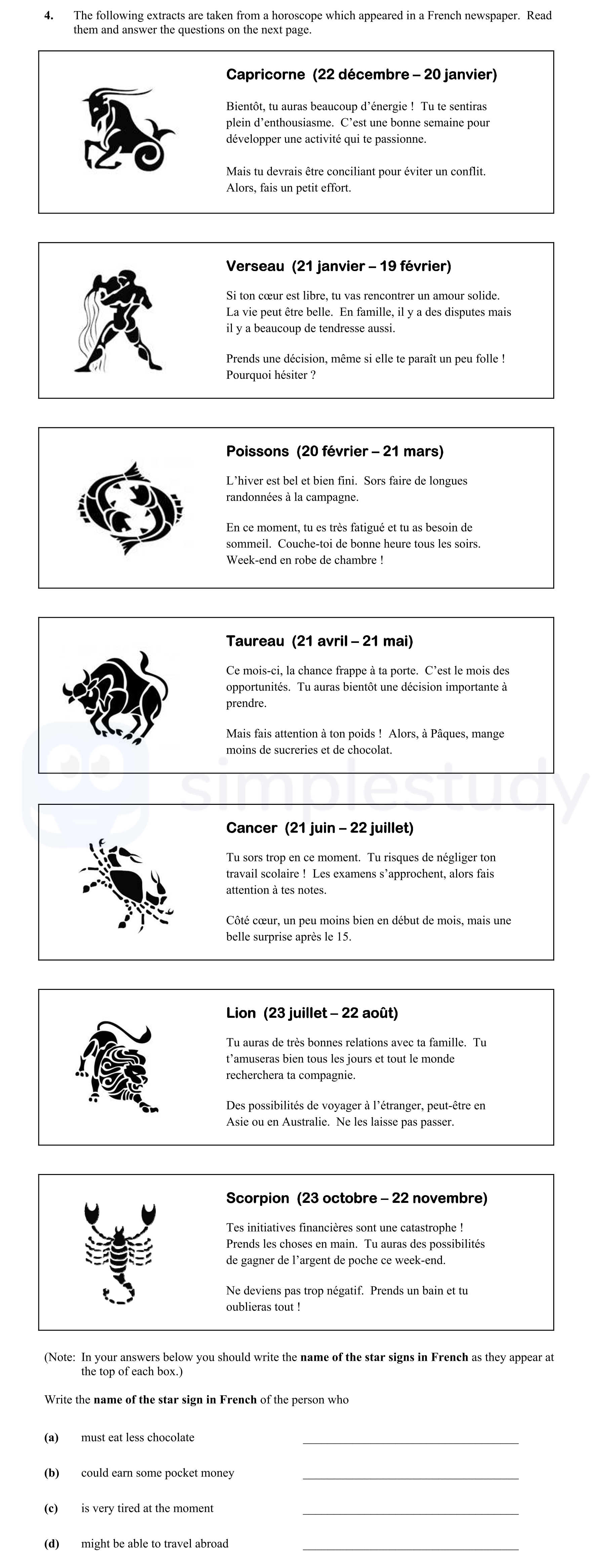 The-following-extracts-are-taken-from-a-horoscope-which-appeared-in-a-French-newspaper-Junior Cycle French-Question 4-2013.png