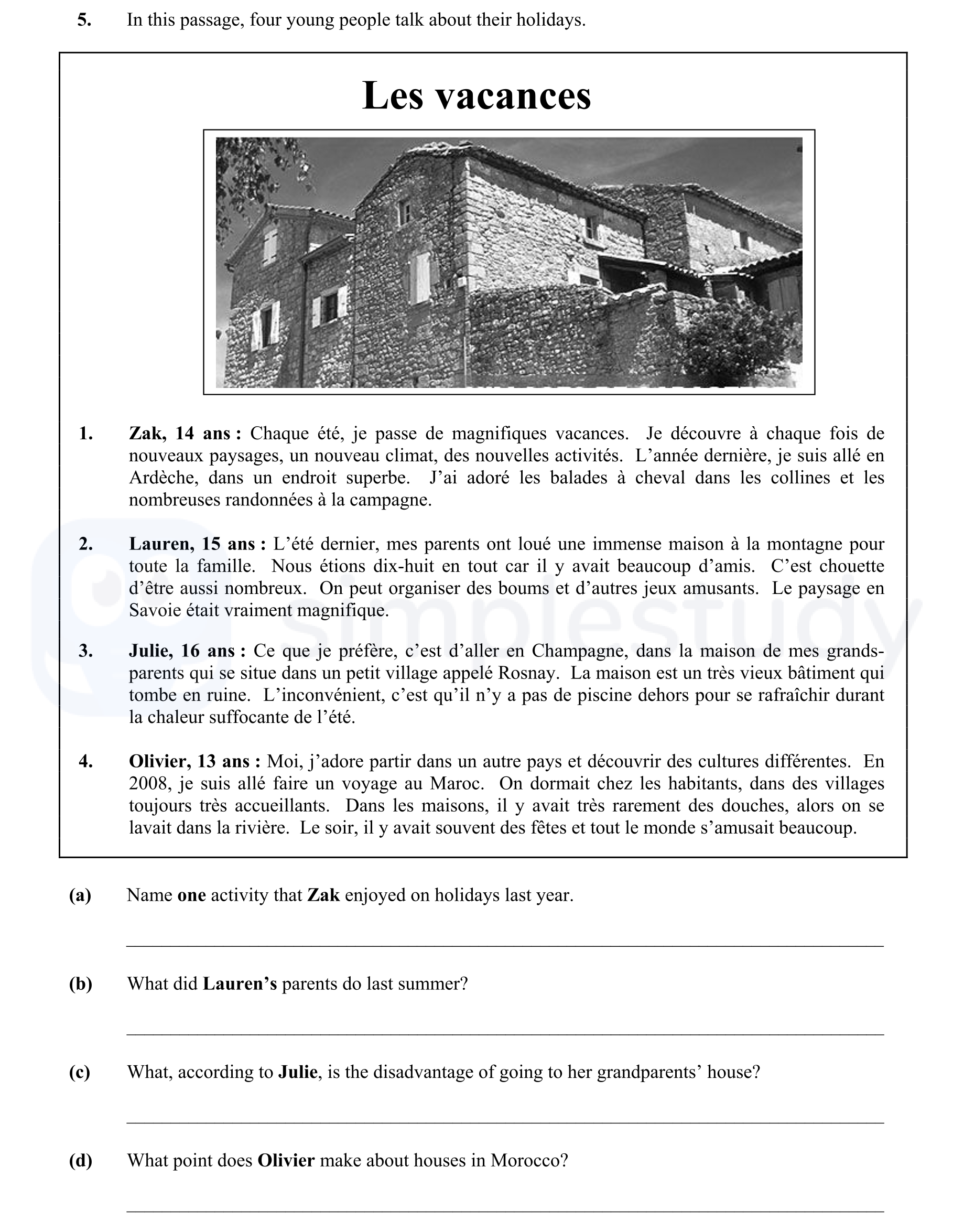 In-this-passage,-four-young-people-talk-about-their-holidays-Junior Cycle French-Question 5-2010.png