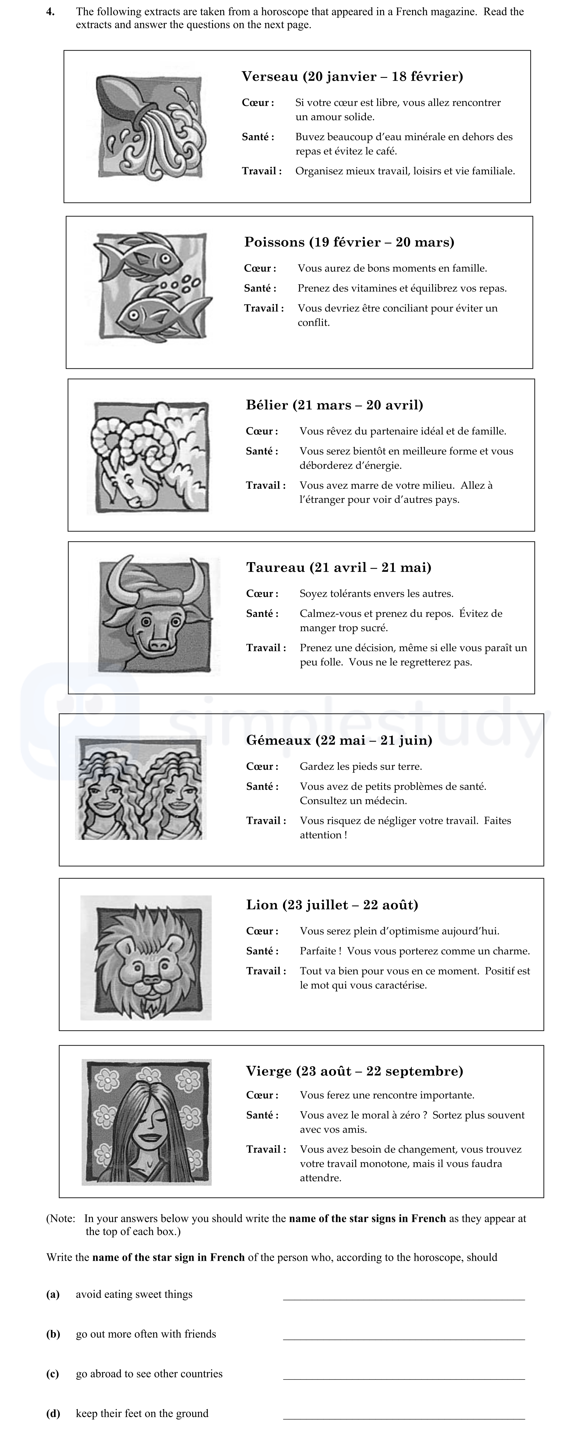 The-following-extracts-are-taken-from-a-horoscope-that-appeared-in-a-French-magazine-Junior Cycle French-Question 4-2008.png