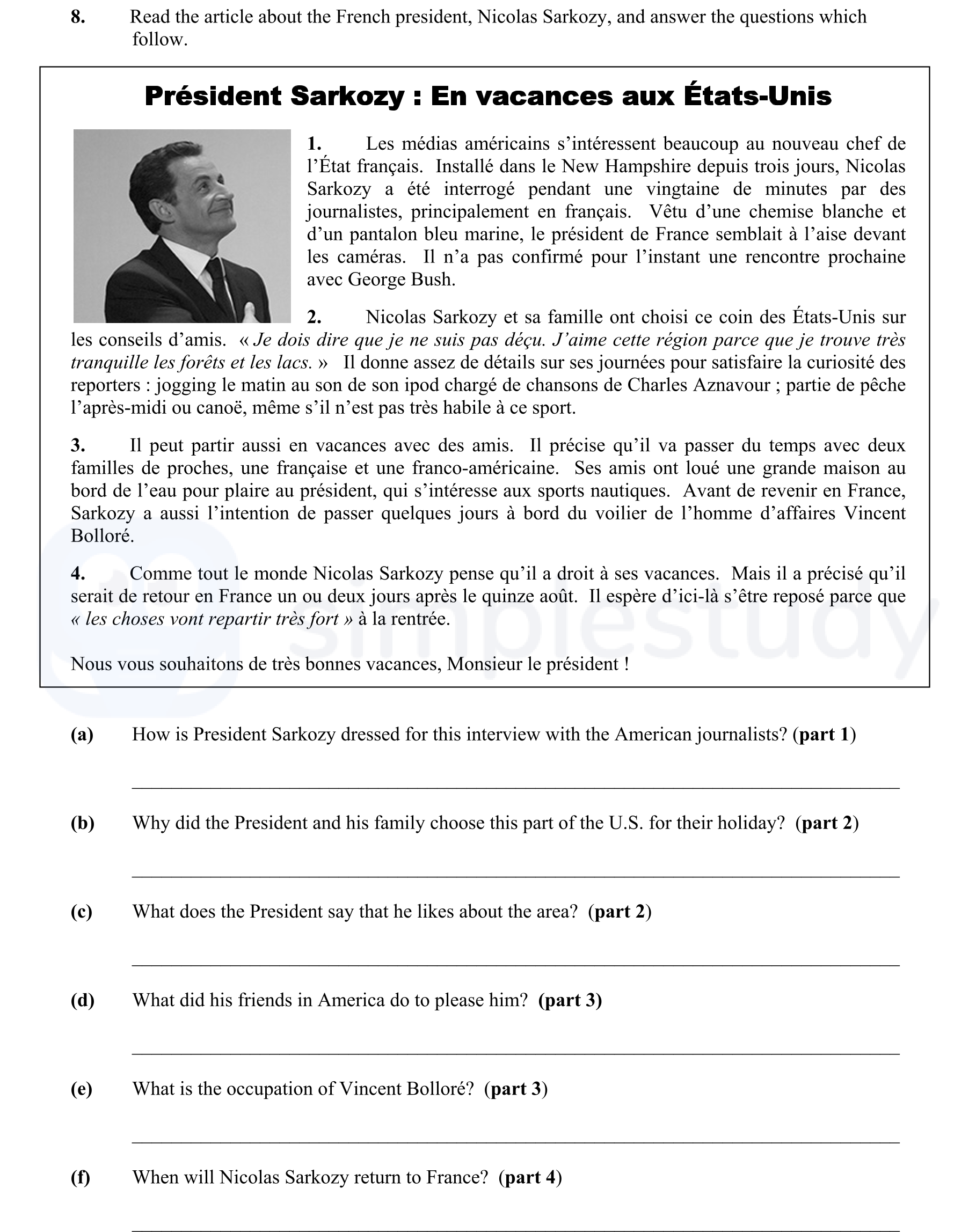 Président-Sarkozy-:-En-vacances-aux-États-Unis--1-Junior Cycle French-Question 8-2008.png