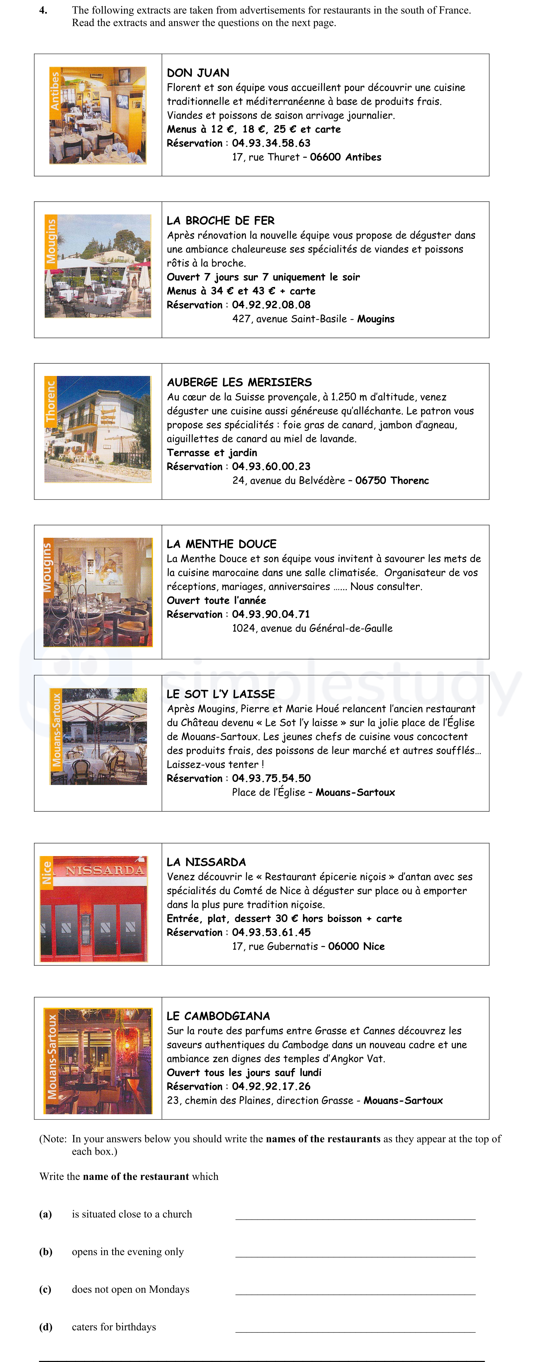 The-following-extracts-are-taken-from-advertisements-for-restaurants-in-the-south-of-France-Junior Cycle French-Question 4-2007.png