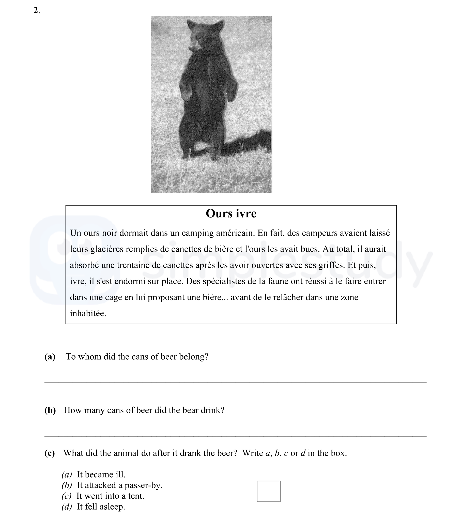 Un-ours-noir-dormait-dans-un-camping-américain-Junior Cycle French-Question 2-2005.png