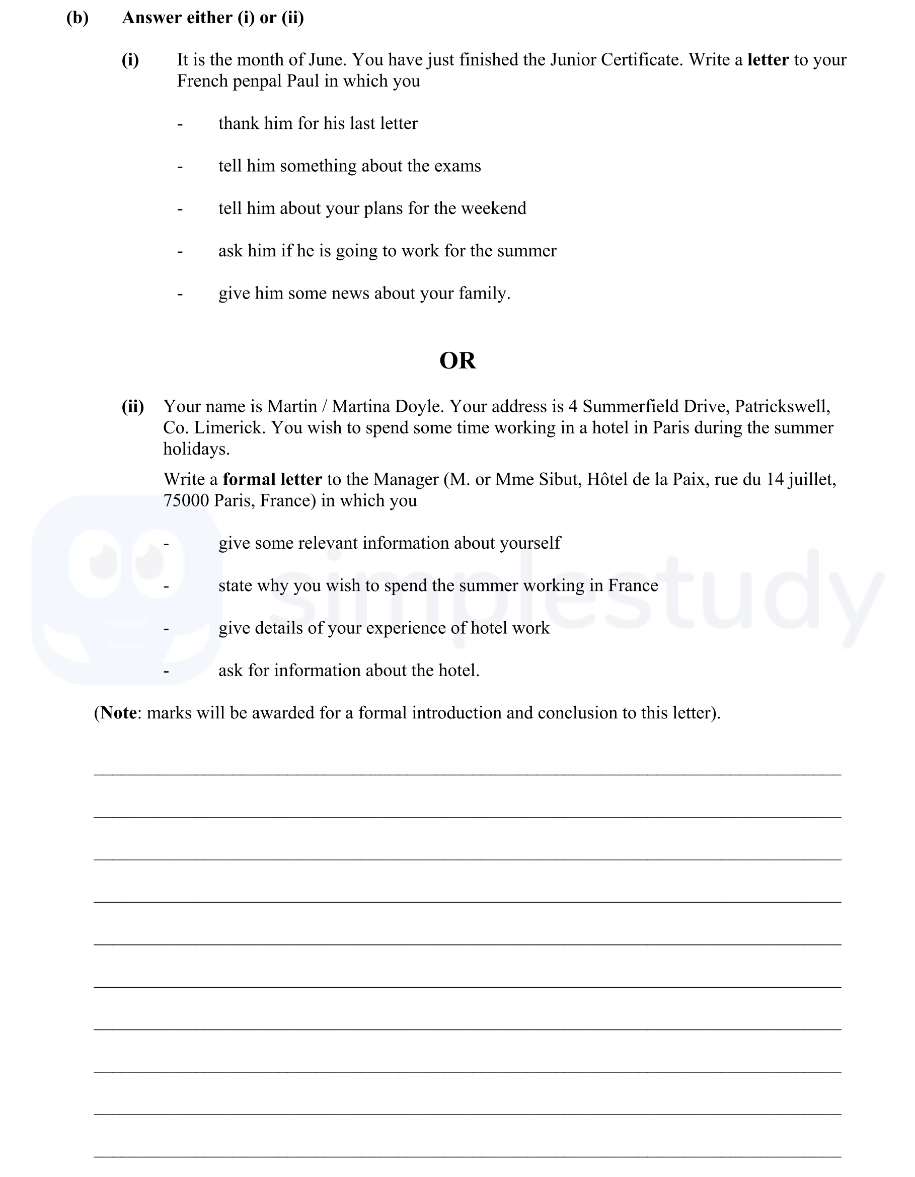Answer-either-(i)-or-(ii)-Junior Cycle French-Question b-2007.png