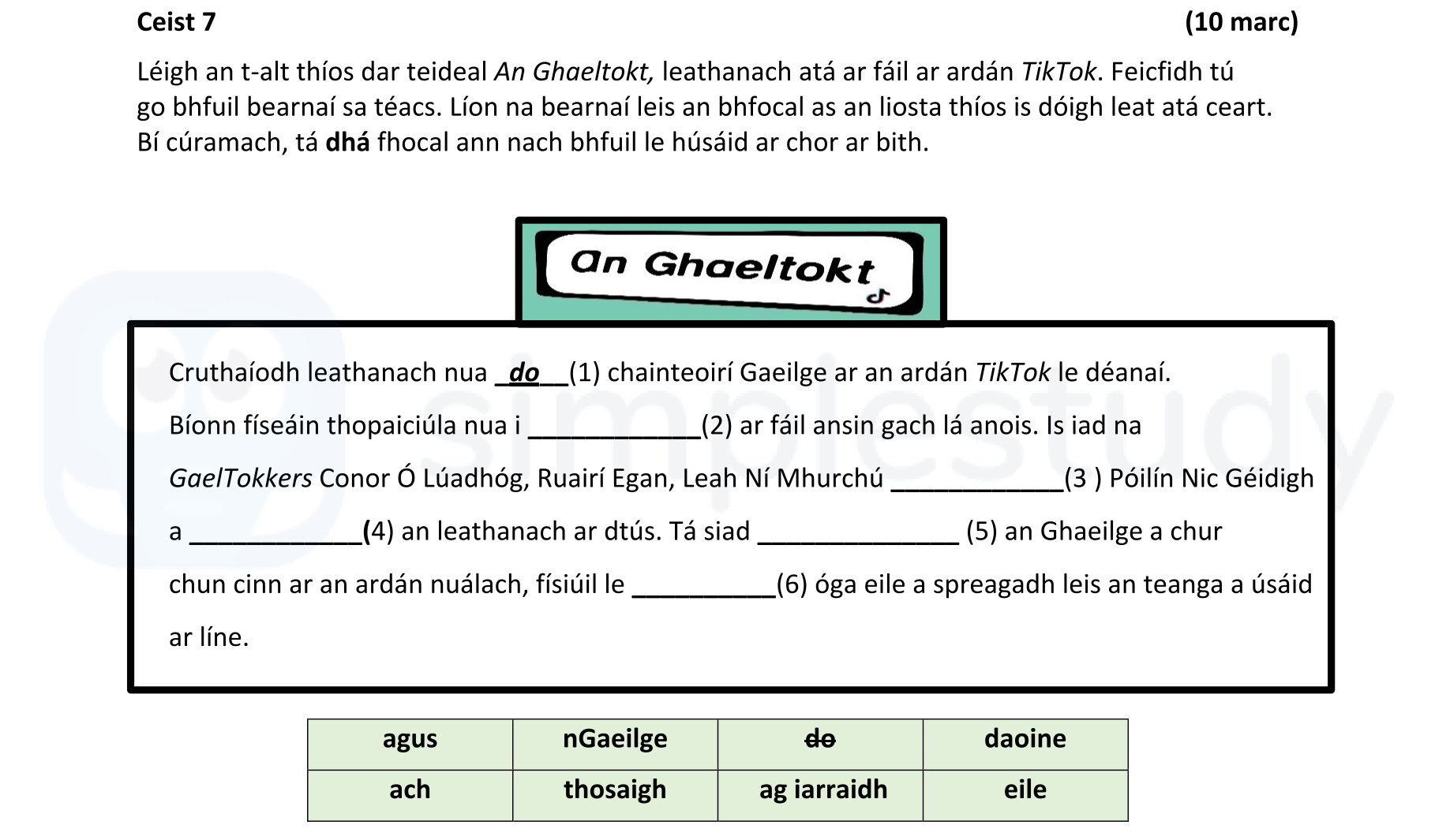 Léigh-an-t-alt-thíos-dar-teideal-An-Ghaeltacht,-leathanach-atá-ar-fáil-ar-ardán-TikTok-Junior Cycle Irish-Question 7-2022.png
