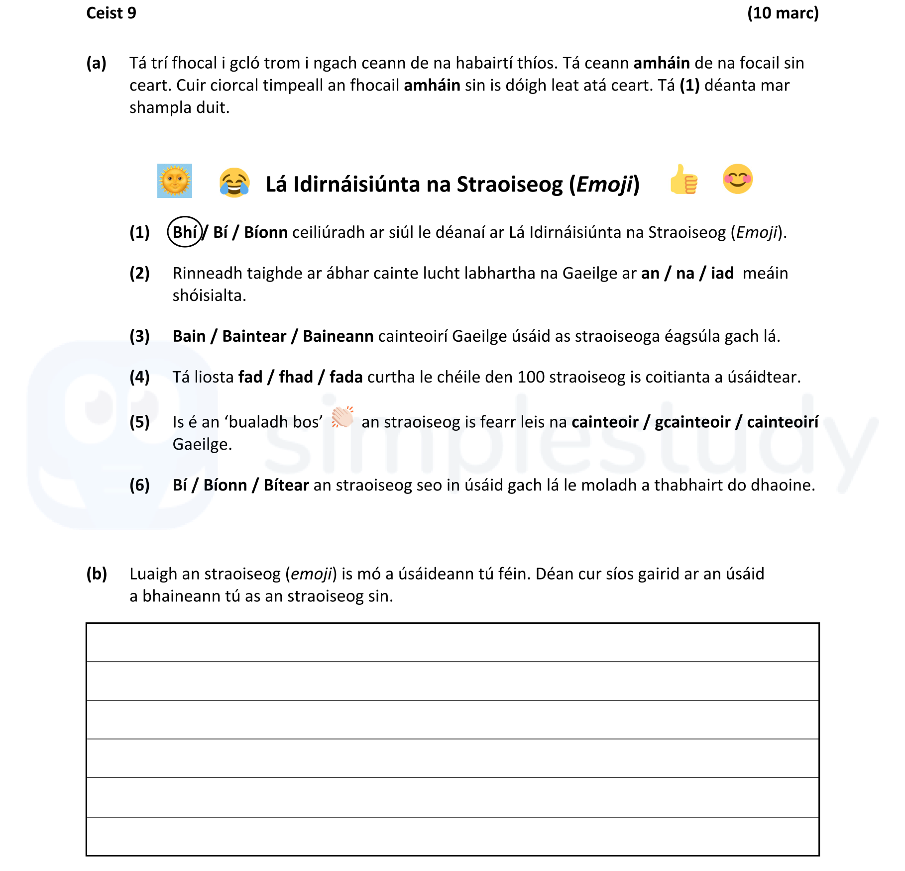 Tá-trí-fhocal-i-gcloigeann-a-ngach-cean-de-na-habairteanna-thuas-Junior Cycle Irish-Question 9-2022.png