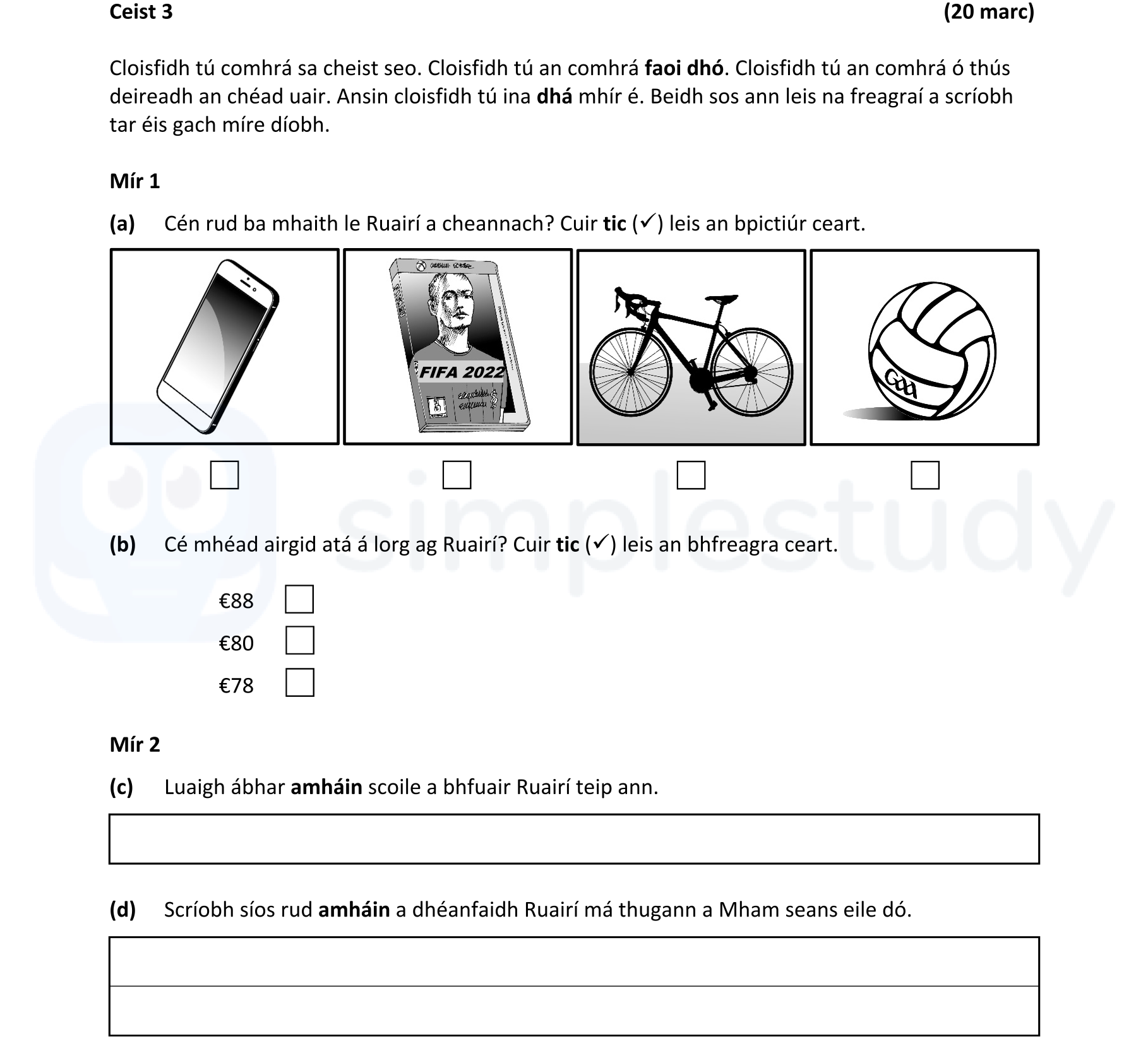 Cén-rud-ba-mhaith-le-Ruairí-a-cheannach?-Cuir-tic-(✔)-leis-an-bpictiúr-ceart-Junior Cycle Irish-Question 3-2022.png