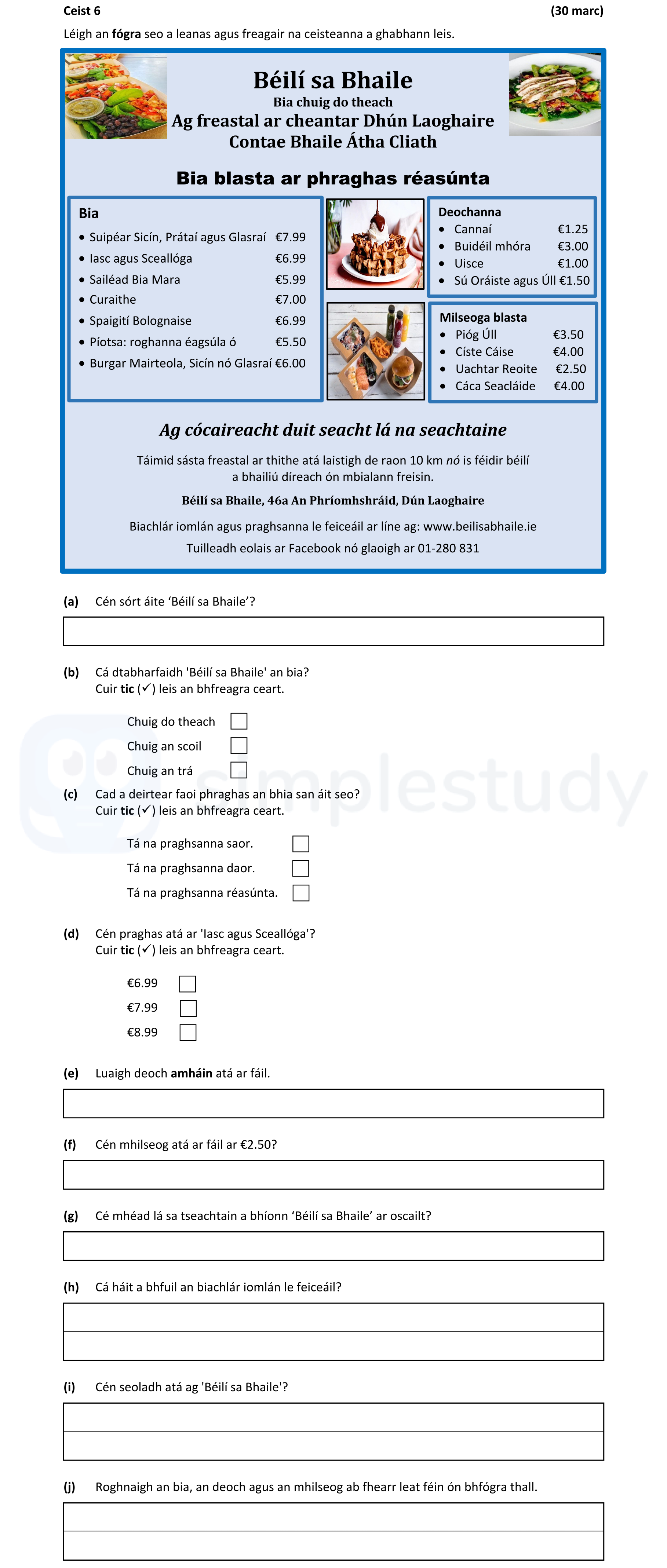 Cén-sort-áite-'Béilí-sa-Bhaile'?--Cád-dtábharthá-'Béilí-sa-Bhaile'-an-bia?-Cuirt-tic-(✔)-leis-an-bhfhreagra-ceart-Junior Cycle Irish-Question 6-2022.png
