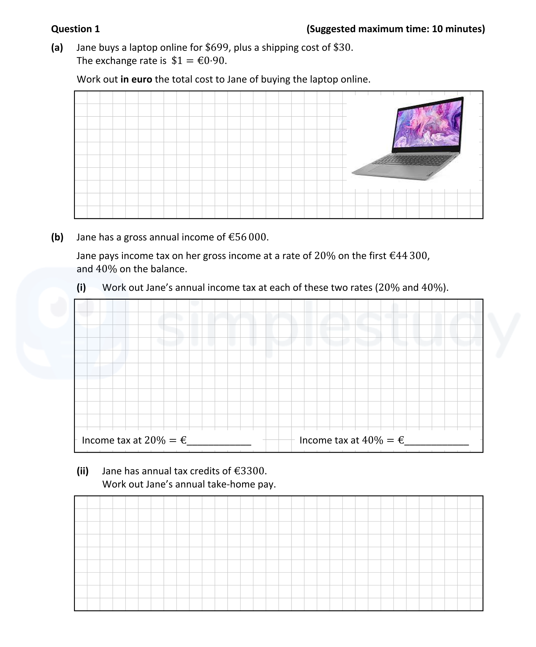 Jane-buys-a-laptop-online-for-$699,-plus-a-shipping-cost-of-$30-Junior Cycle Mathematics-Question 1-2022.png