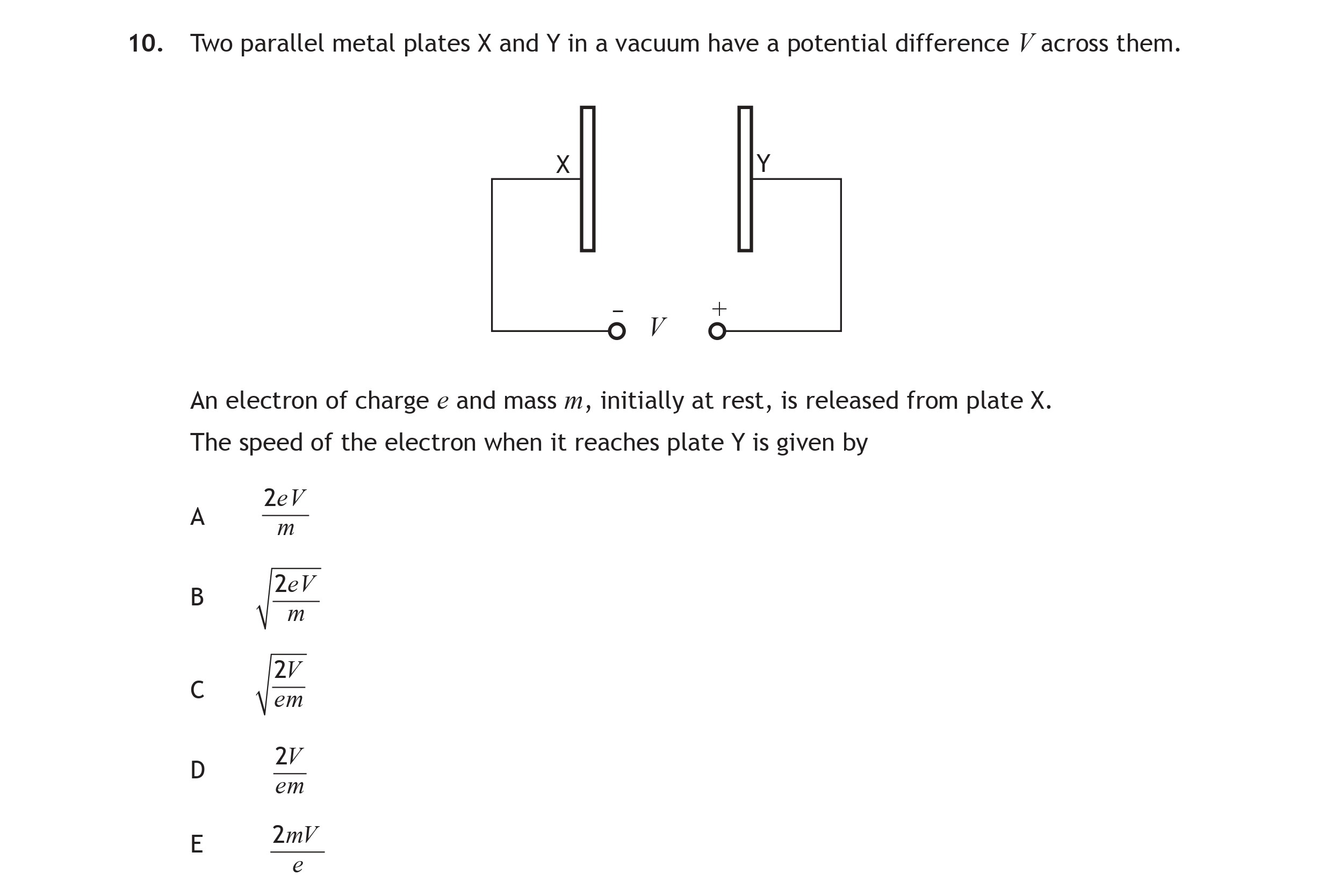 Two-parallel-metal-plates-X-and-Y-in-a-vacuum-have-a-potential-difference-V-across-them-Scottish Highers Physics-Question 10-2015.png