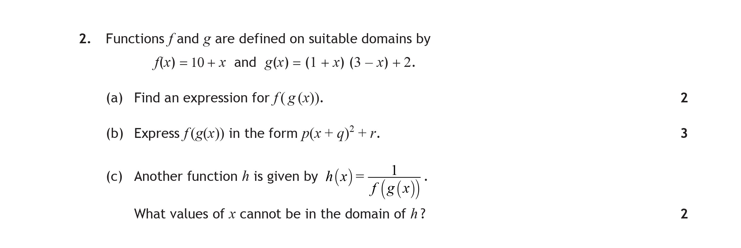 Functions-$f$-and-$g$-are-defined-on-suitable-domains-by--$f(x)-=-10-+-x$-and-$g(x)-=-(1-+-x)(3---x)-+-2$-Scottish Highers Maths-Question 2-2015.png