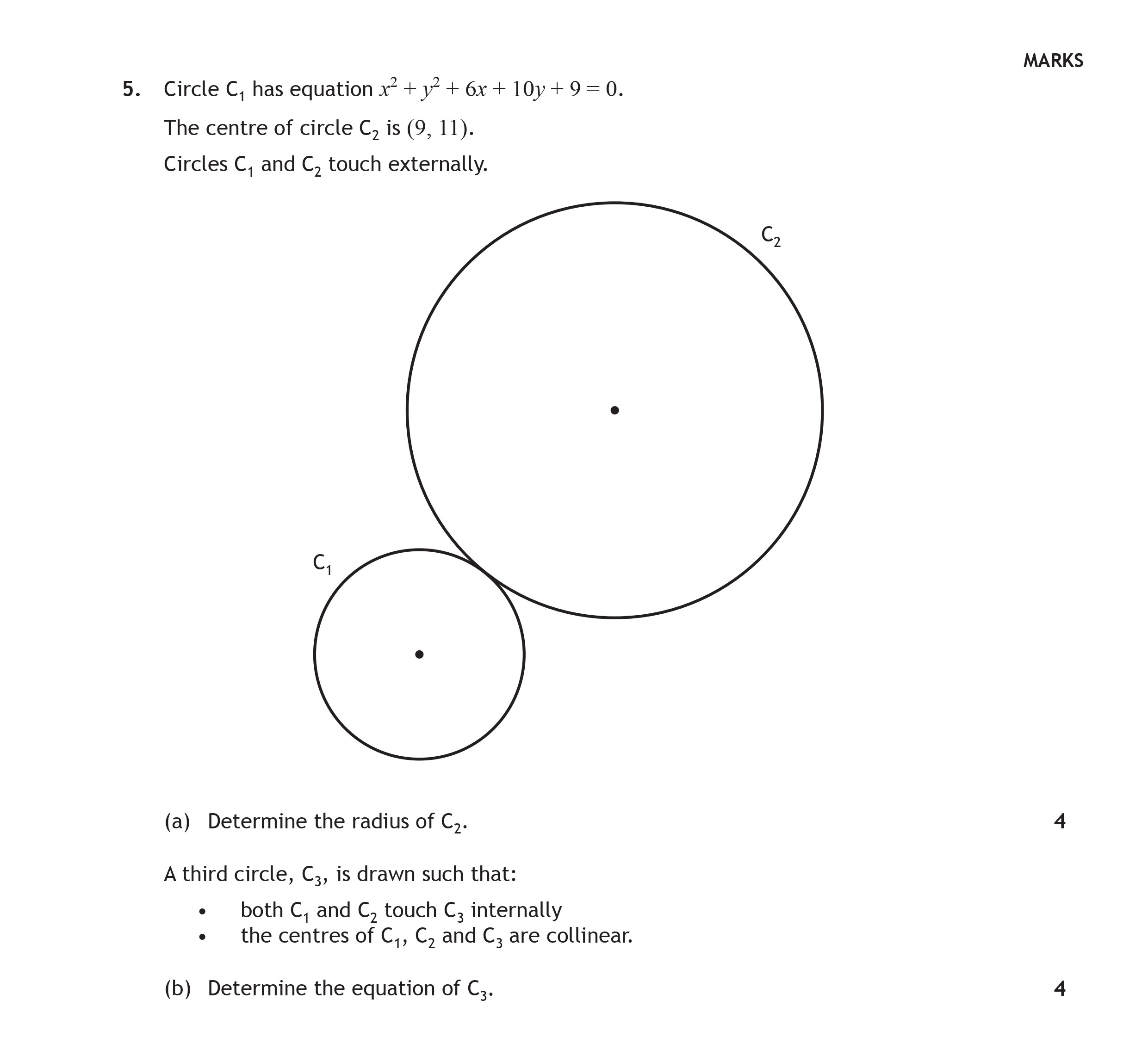 Circle-C₁-has-equation-$x^2-+-y^2-+-6x-+-10y-+-9-=-0.$-The-centre-of-circle-C₂-is-$(9,-11)$-Scottish Highers Maths-Question 5-2015.png
