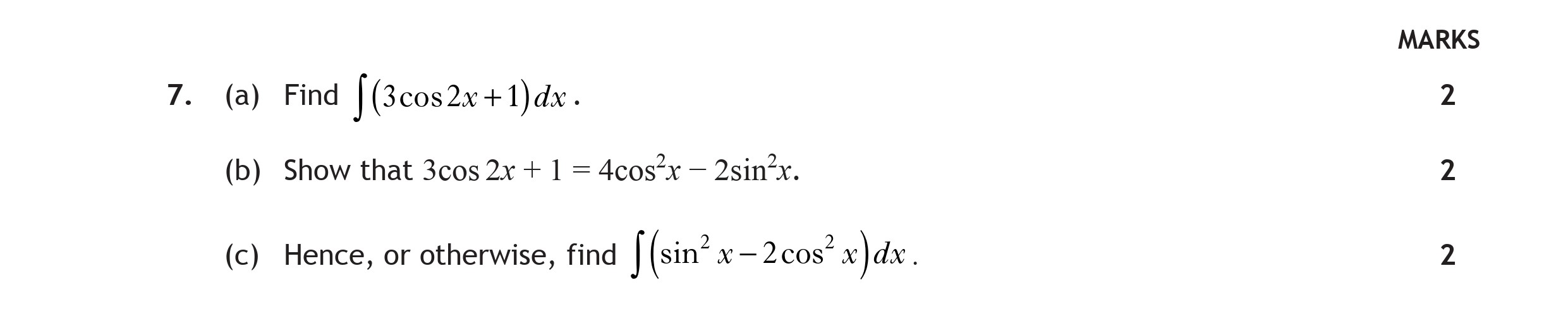 7.-(a)-Find-\(-\int(3\cos2x-+-1)-\,-dx-\)-Scottish Highers Maths-Question 7-2015.png