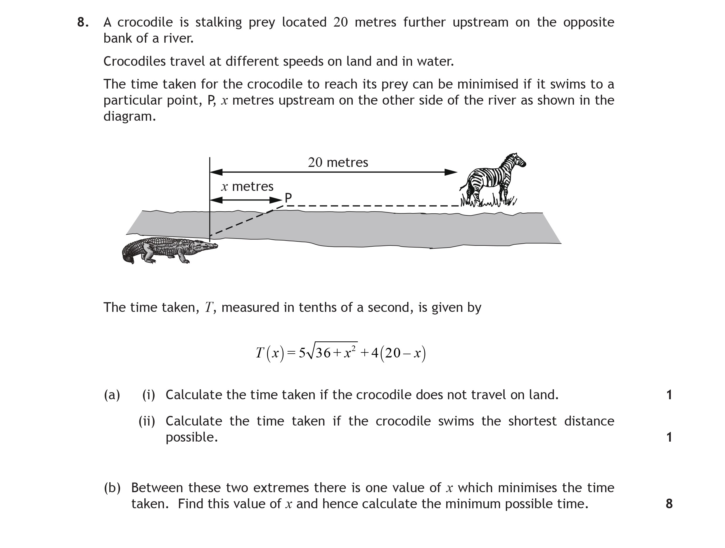 A-crocodile-is-stalking-prey-located-20-metres-further-upstream-on-the-opposite-bank-of-a-river-Scottish Highers Maths-Question 8-2015.png