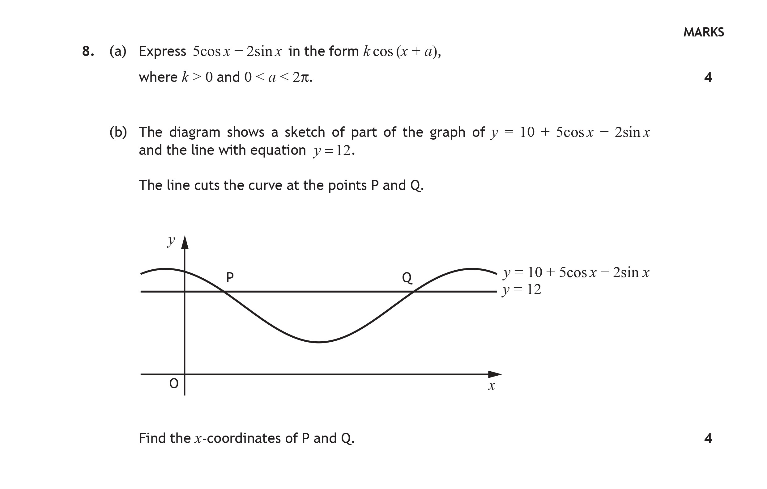8.-(a)-Express-$5-\,--ext{cos}-\,-x---2-\,--ext{sin}-\,-x$-in-the-form-$k-\,--ext{cos}(x-+-a)$,-where-$k->-0$-and-$0-<-a-<-2\pi$-Scottish Highers Maths-Question 8-2016.png