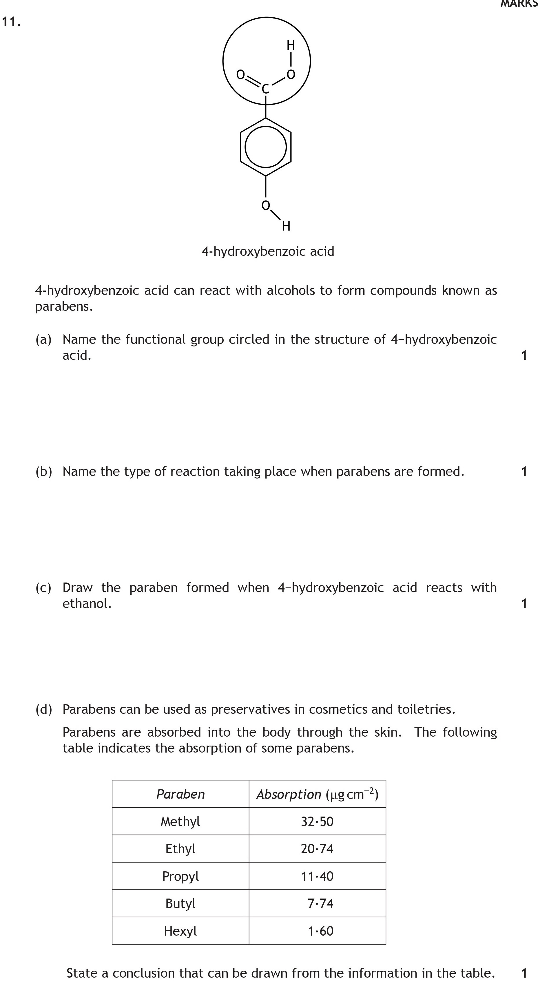 4-hydroxybenzoic-acid--4-hydroxybenzoic-acid-can-react-with-alcohols-to-form-compounds-known-as-parabens-Scottish Highers Chemistry-Question 11-2015.png