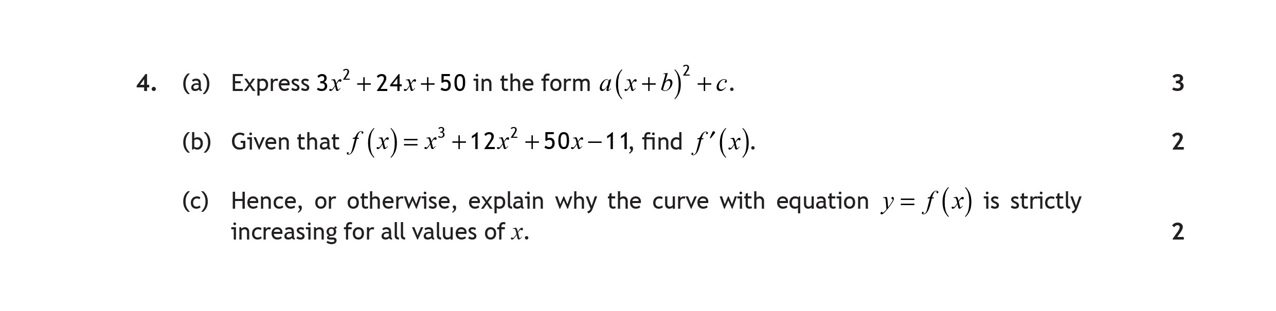 4.-(a)-Express-$3x^{2}-+-24x-+-50$-in-the-form-$(ax-+-b)^{2}-+-c$-Scottish Highers Maths-Question 4-2017.png