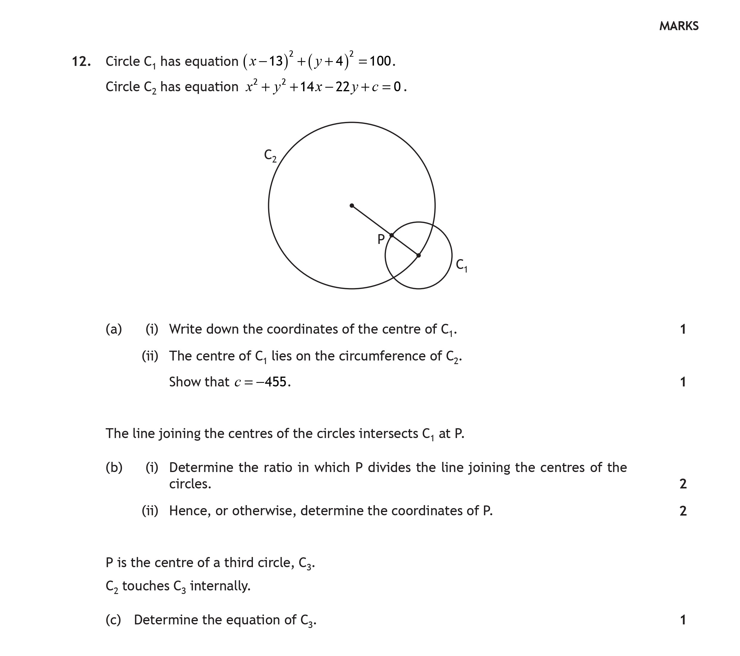 Circle-$C_1$-has-equation-$(x---13)^2-+-(y-+-4)^2-=-100$-Scottish Highers Maths-Question 12-2018.png