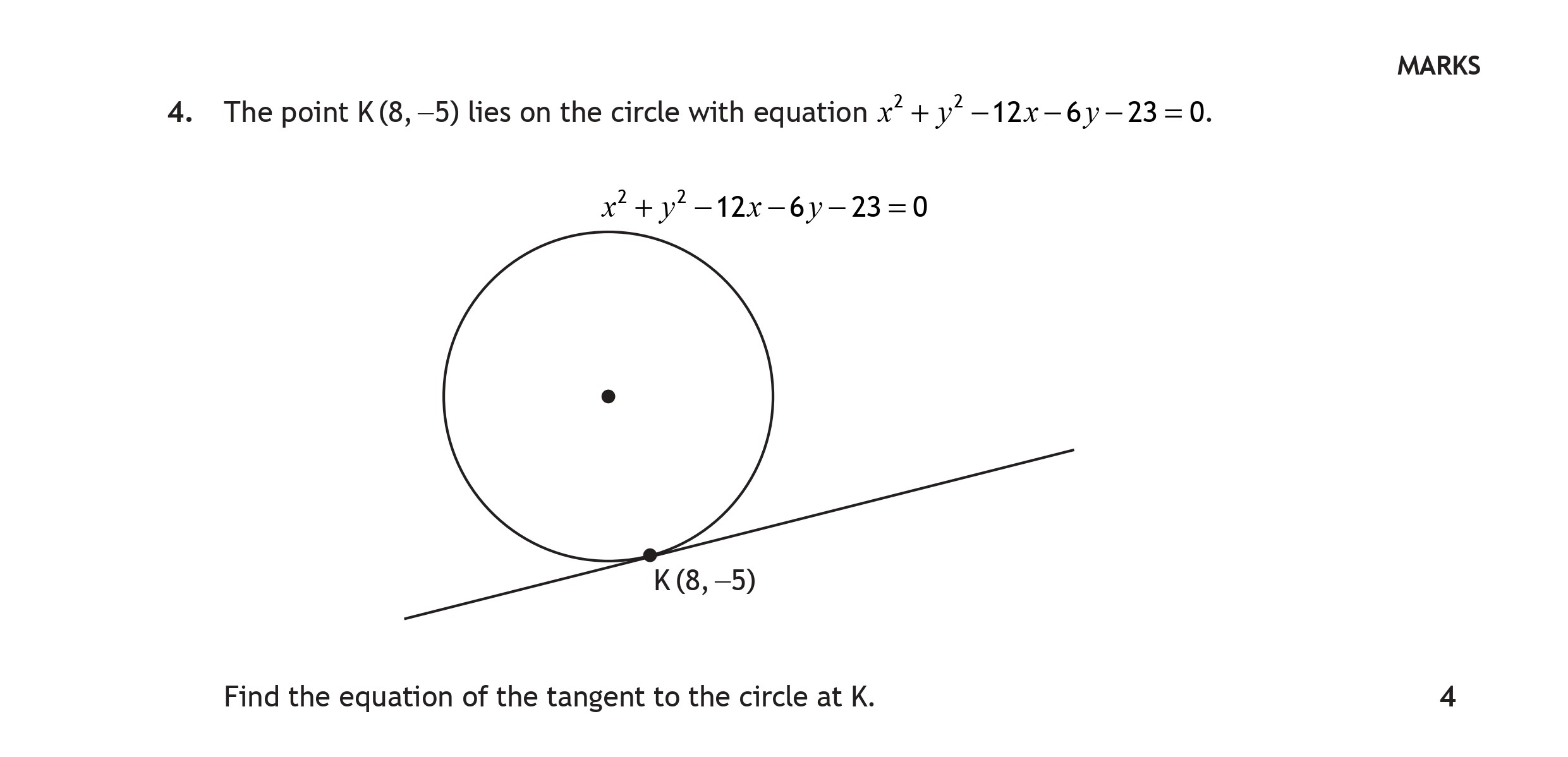 The-point-K(8,--5)-lies-on-the-circle-with-equation--$$x^2-+-y^2---12x---6y---23-=-0.$$---Find-the-equation-of-the-tangent-to-the-circle-at-K.-Scottish Highers Maths-Question 4-2018.png