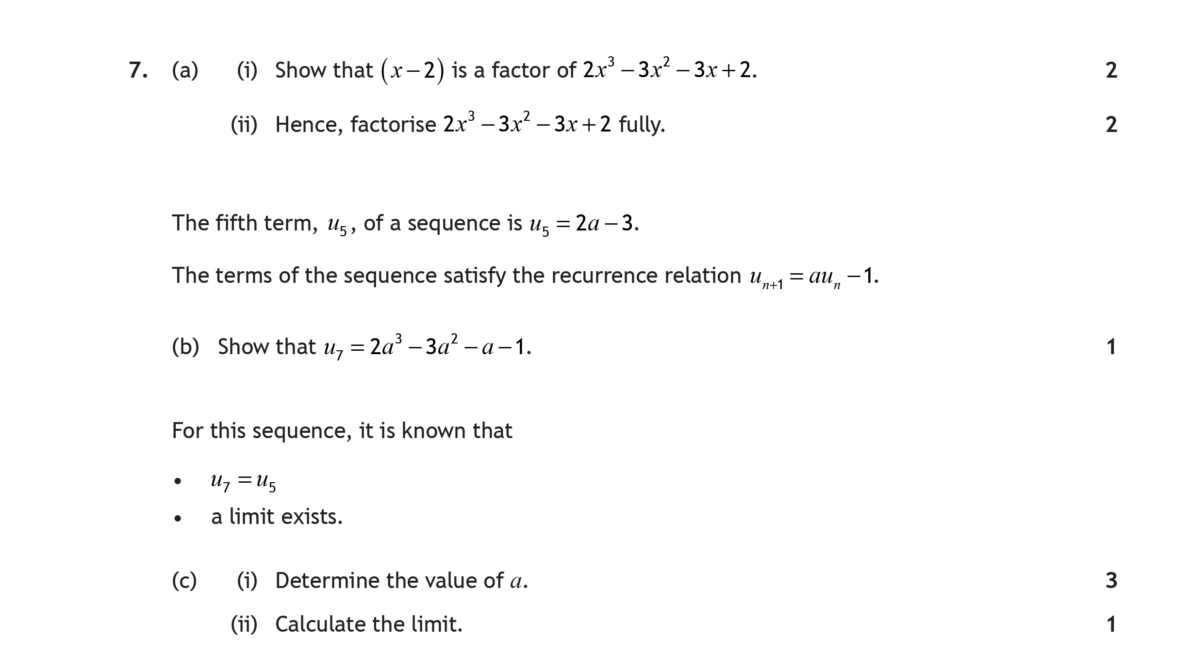 (a)-(i)-Show-that-$(x-2)$-is-a-factor-of-$2x^{3}-3x^{2}-3x+2$-Scottish Highers Maths-Question 7-2018.png