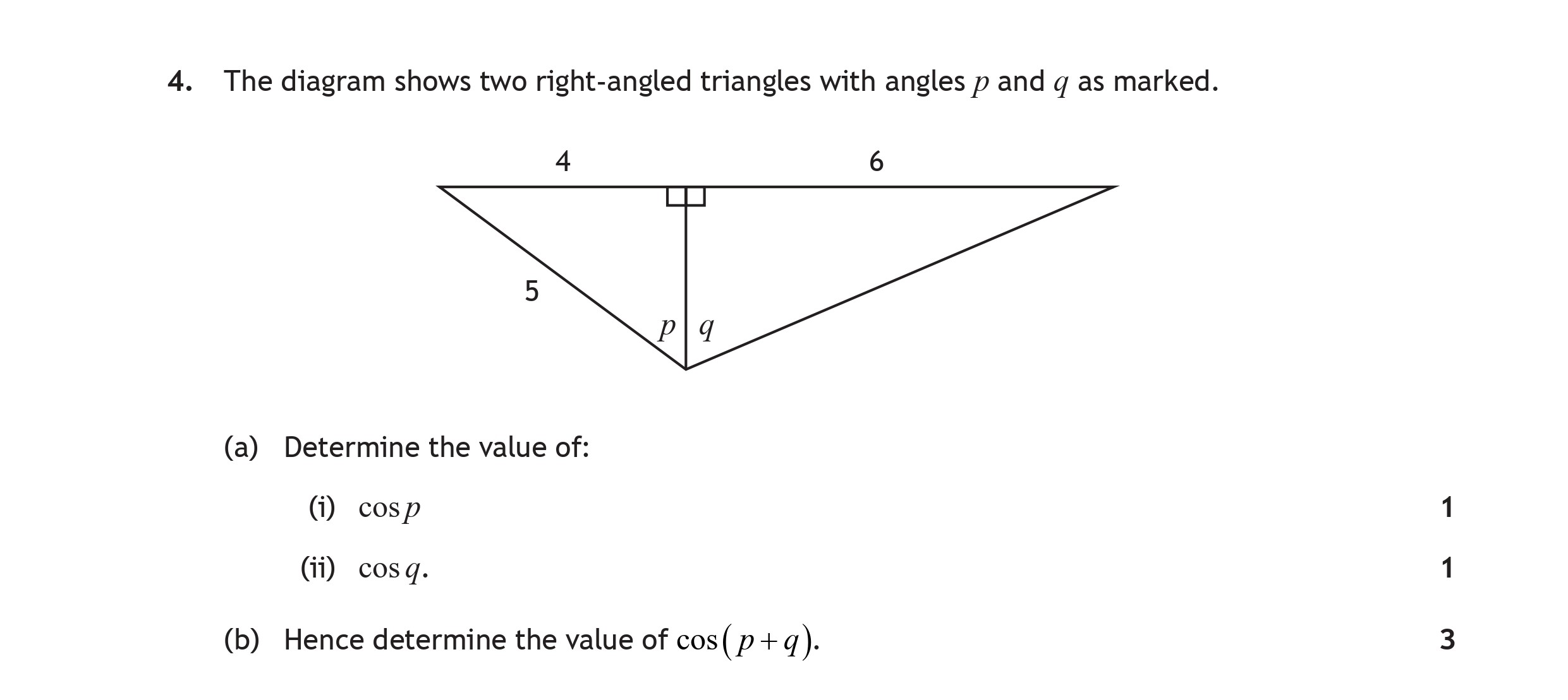 The-diagram-shows-two-right-angled-triangles-with-angles-p-and-q-as-marked-Scottish Highers Maths-Question 4-2023.png