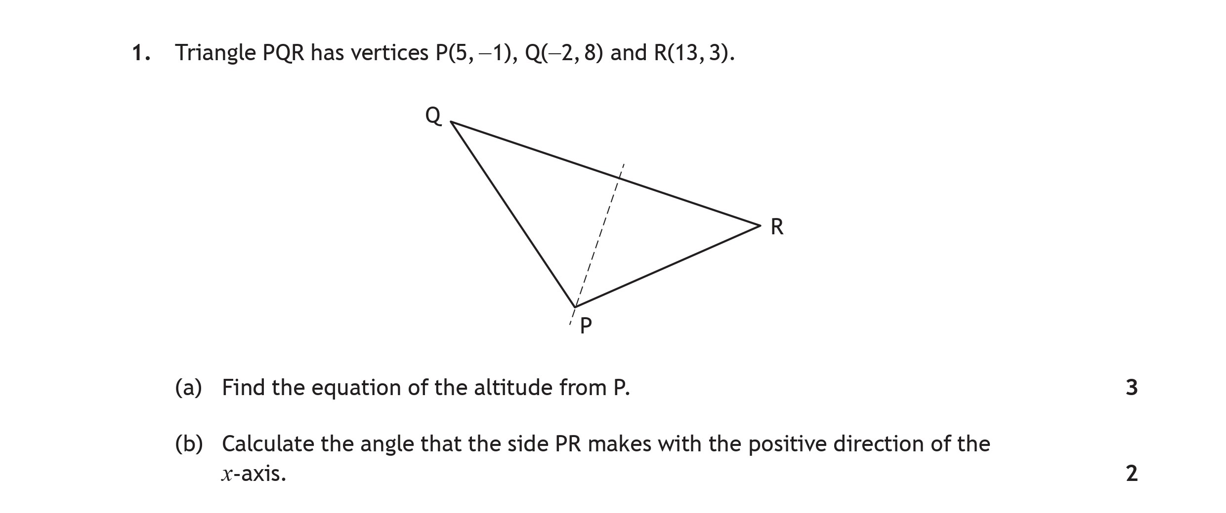 Triangle-PQR-has-vertices-P(5,--1),-Q(-2,--8)-and-R(13,-3)-Scottish Highers Maths-Question 1-2023.png