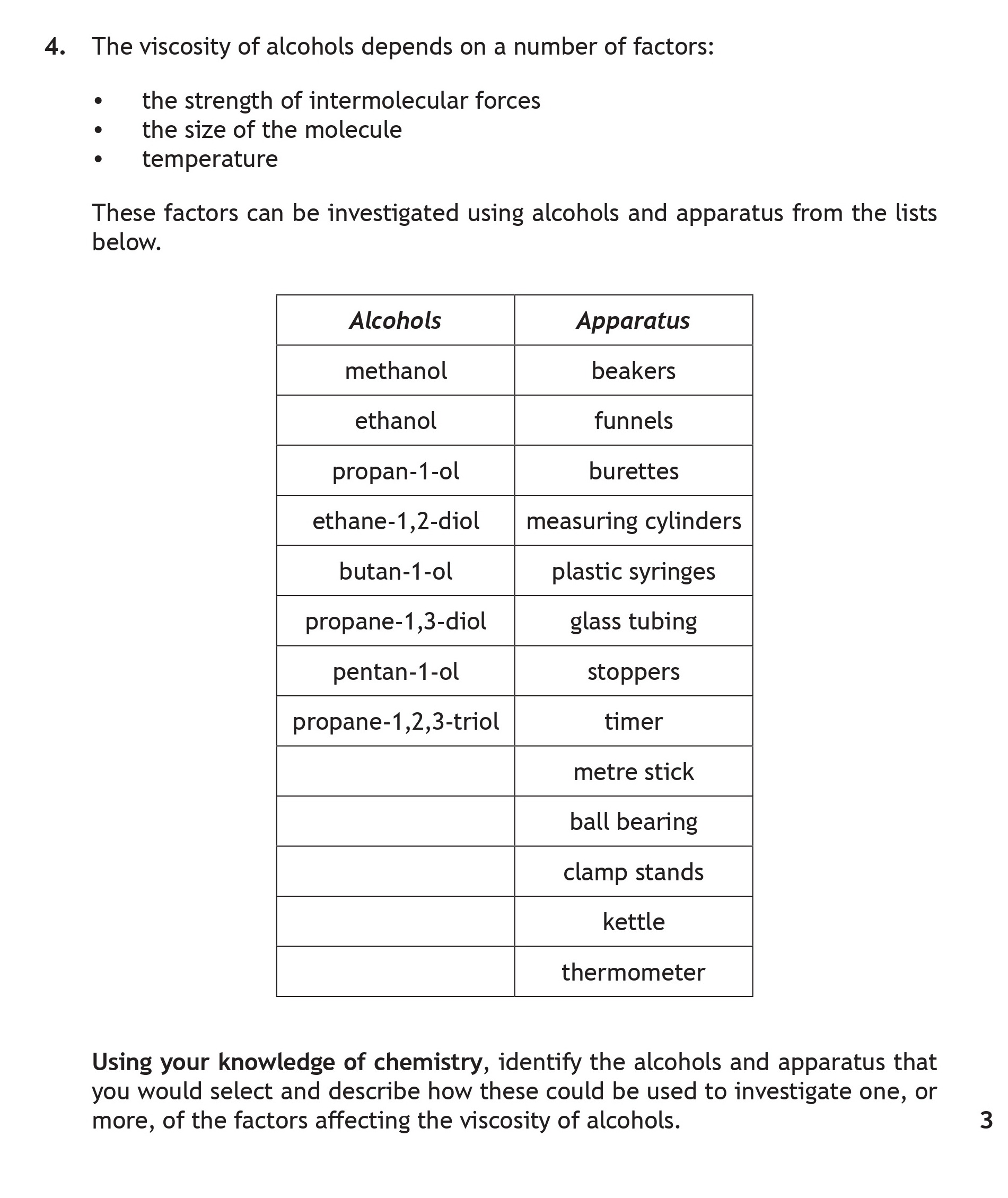 The-viscosity-of-alcohols-depends-on-a-number-of-factors:----the-strength-of-intermolecular-forces---the-size-of-the-molecule---temperature--These-factors-can-be-investigated-using-alcohols-and-apparatus-from-the-lists-below-Scottish Highers Chemistry-Question 4-2016.png