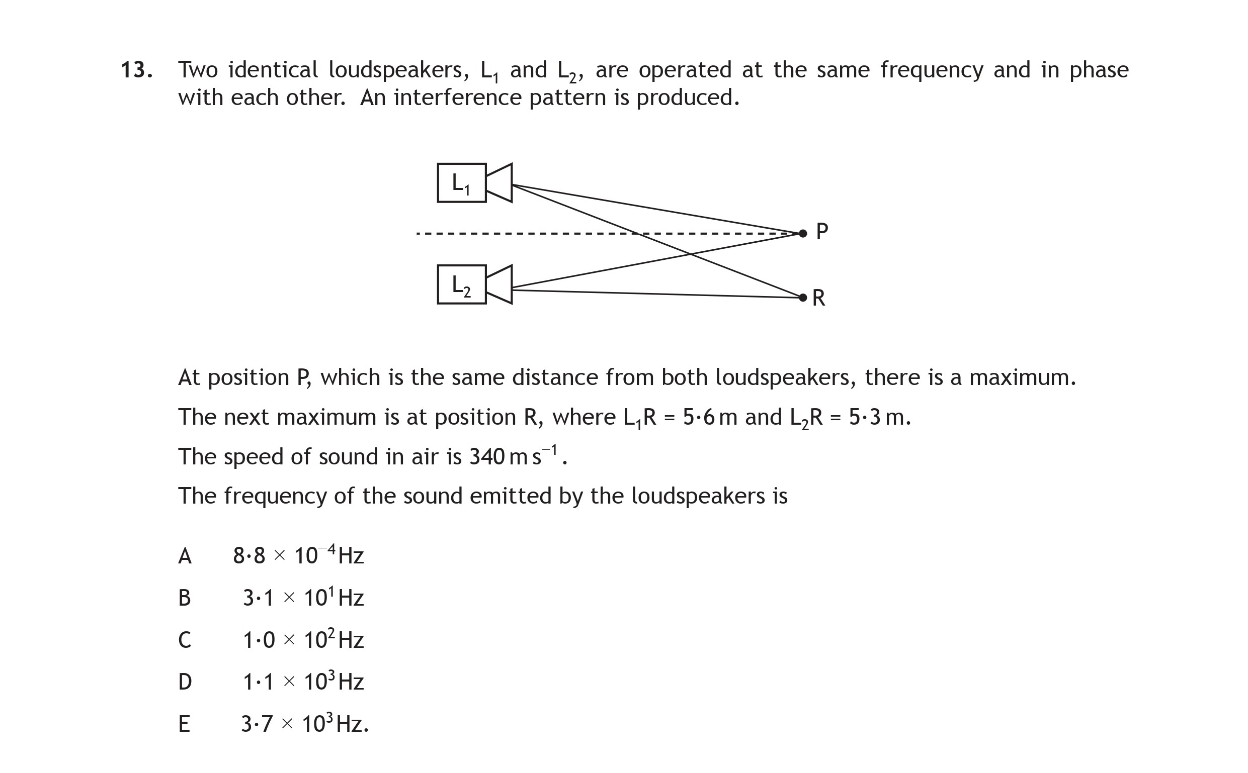 Two-identical-loudspeakers,-L1-and-L2,-are-operated-at-the-same-frequency-and-in-phase-with-each-other-Scottish Highers Physics-Question 13-2015.png