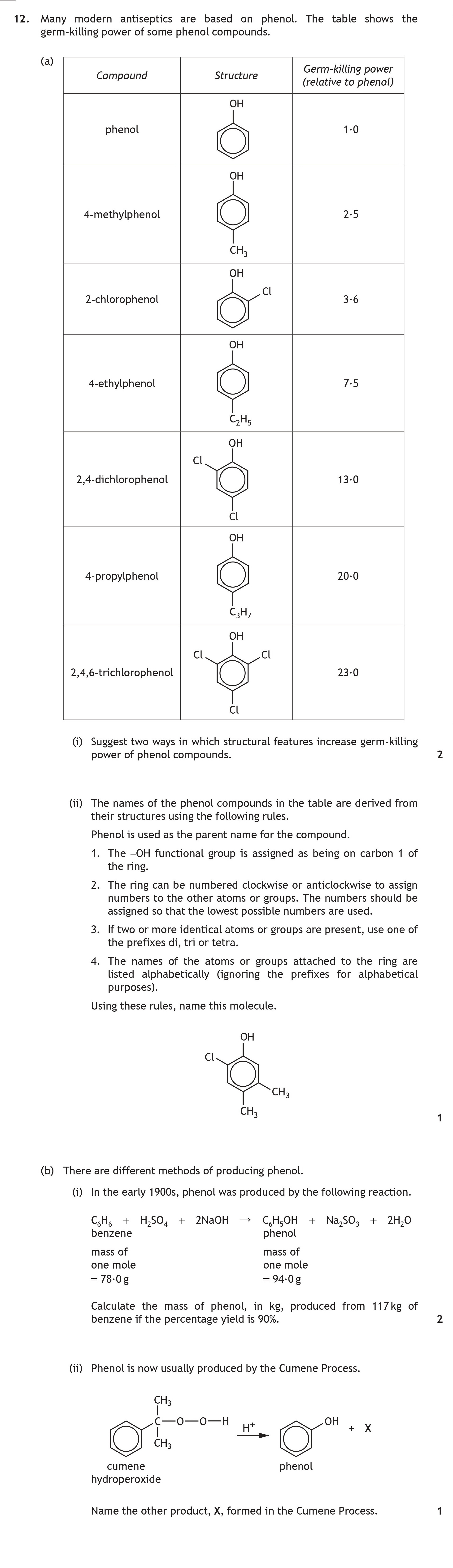 Many-modern-antiseptics-are-based-on-phenol-Scottish Highers Chemistry-Question 12-2018.png