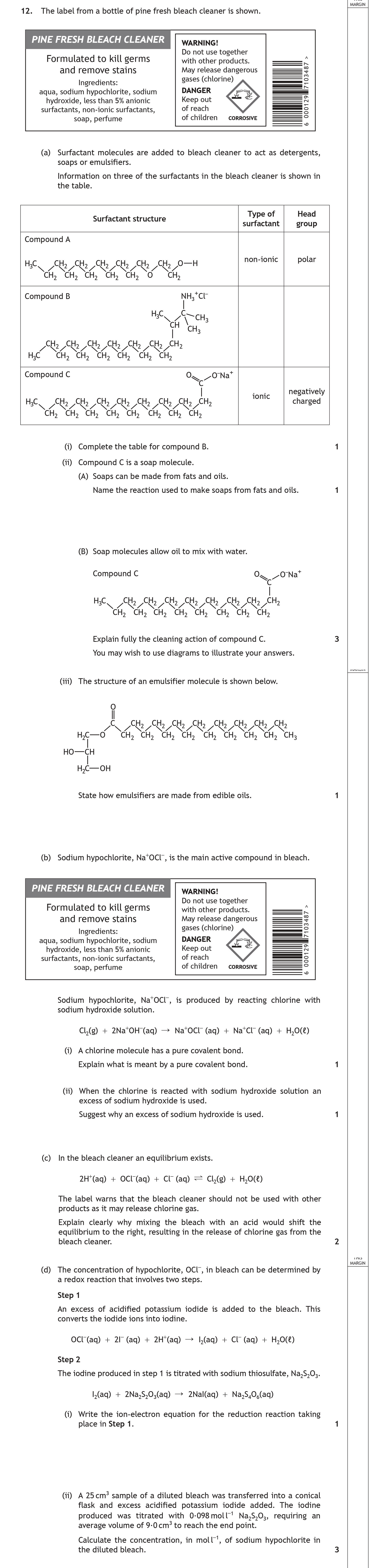 The-label-from-a-bottle-of-pine-fresh-bleach-cleaner-is-shown-Scottish Highers Chemistry-Question 12-2019.png