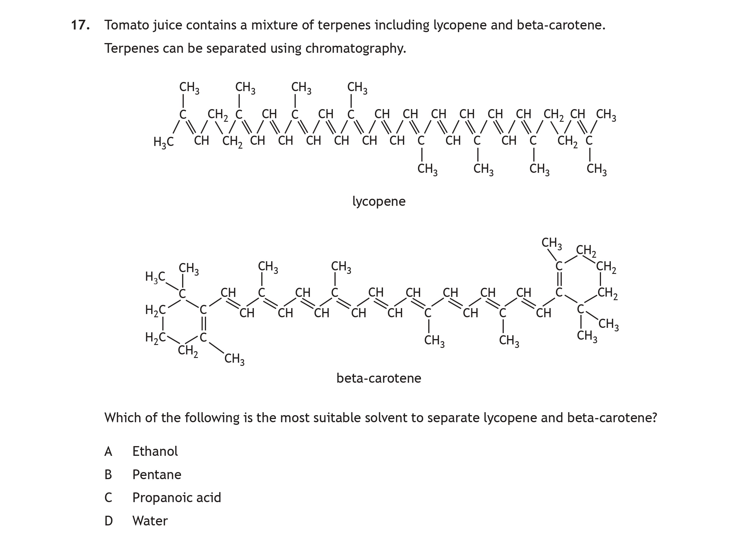 Tomato-juice-contains-a-mixture-of-terpenes-including-lycopene-and-beta-carotene-Scottish Highers Chemistry-Question 17-2022.png