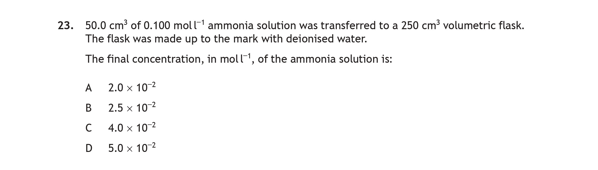 50.0-cm³-of-0.100-mol-l⁻¹-ammonia-solution-was-transferred-to-a-250-cm³-volumetric-flask-Scottish Highers Chemistry-Question 23-2022.png