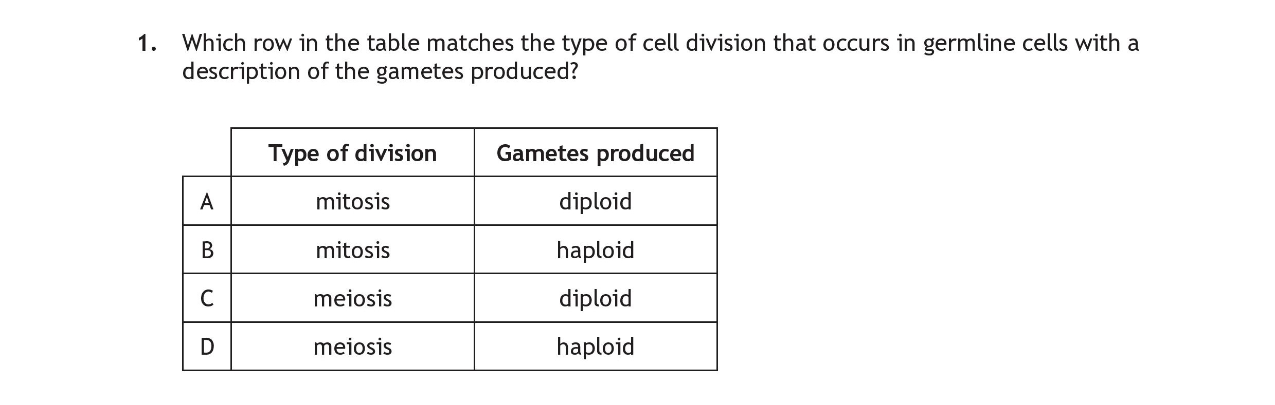 Which-row-in-the-table-matches-the-type-of-cell-division-that-occurs-in-germline-cells-with-a-description-of-the-gametes-produced?--|-Type-of-division-|-Gametes-produced-|-|------------------|------------------|-|-A----------------|-diploid----------|-|-B----------------|-haploid----------|-|-C----------------|-diploid----------|-|-D----------------|-haploid----------|-Scottish Highers Human Biology-Question 1-2023.png
