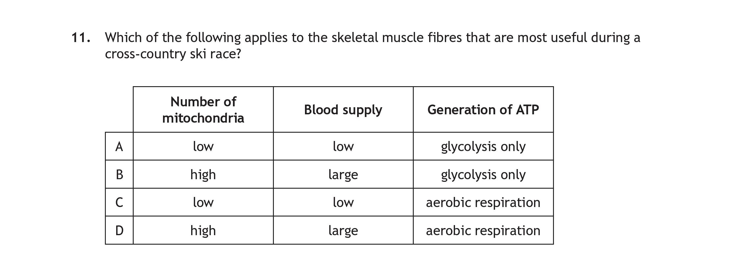 Which-of-the-following-applies-to-the-skeletal-muscle-fibres-that-are-most-useful-during-a-cross-country-ski-race?--|-Number-of-mitochondria-|-Blood-supply-|-Generation-of-ATP-|-|-----------------------|--------------|------------------|-|-A---------------------|-low----------|-glycolysis-only---|-|-B---------------------|-high---------|-glycolysis-only---|-|-C---------------------|-low----------|-aerobic-respiration|-|-D---------------------|-high---------|-aerobic-respiration|-Scottish Highers Human Biology-Question 11-2023.png