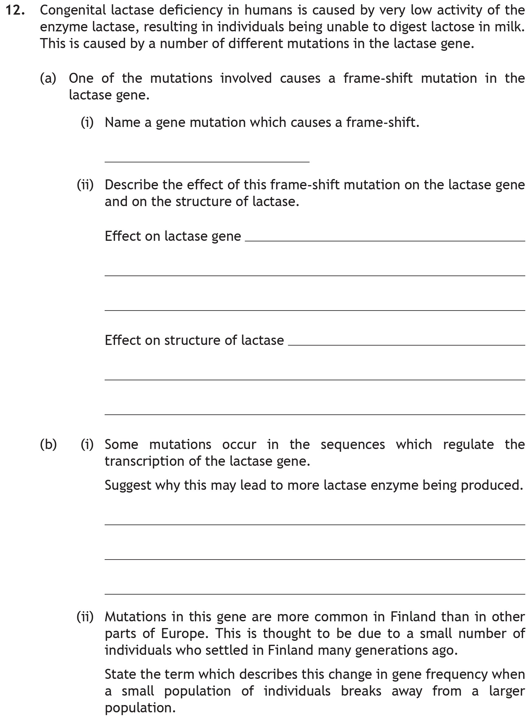 Congenital-lactase-deficiency-in-humans-is-caused-by-very-low-activity-of-the-enzyme-lactase,-resulting-in-individuals-being-unable-to-digest-lactose-in-milk-Scottish Highers Biology-Question 12-2018.png