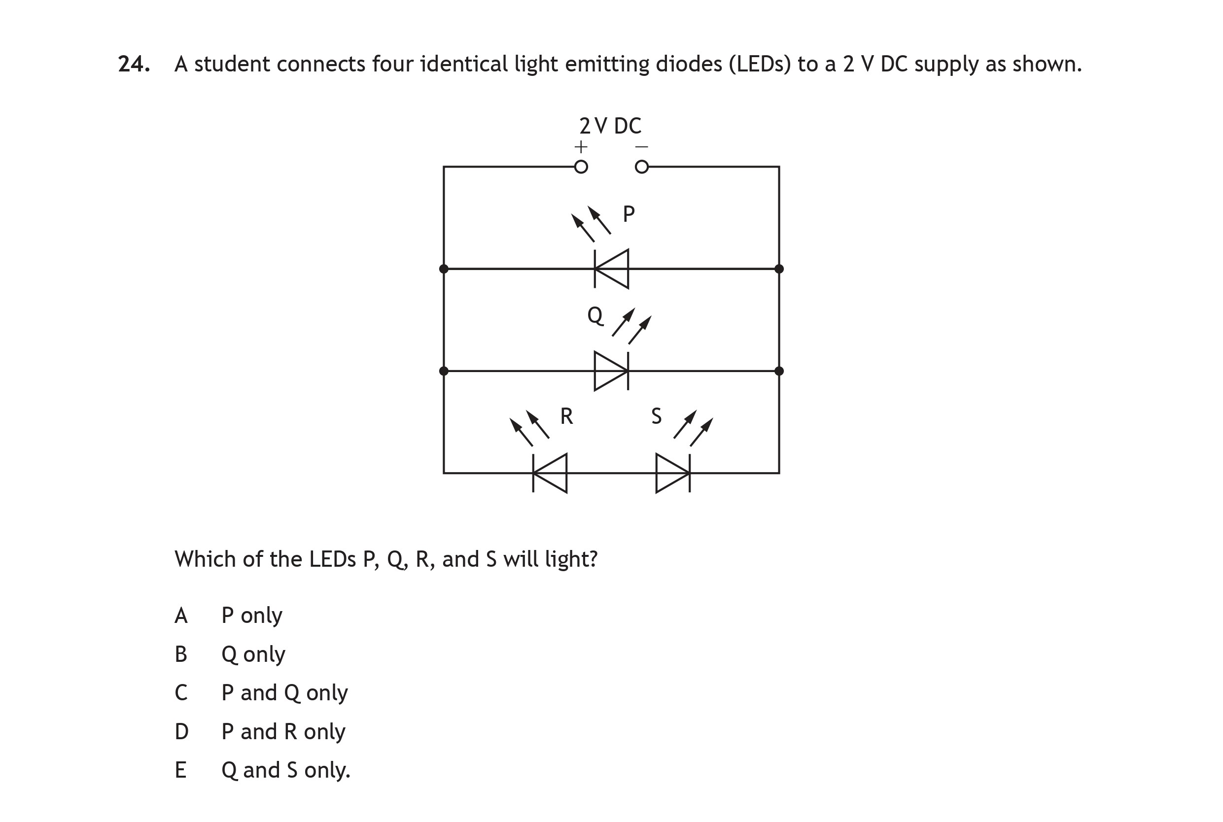 A-student-connects-four-identical-light-emitting-diodes-(LEDs)-to-a-2-V-DC-supply-as-shown-Scottish Highers Physics-Question 24-2019.png