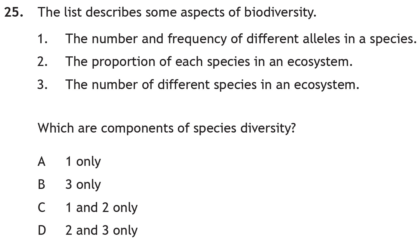 The-list-describes-some-aspects-of-biodiversity-Scottish Highers Biology-Question 25-2019.png