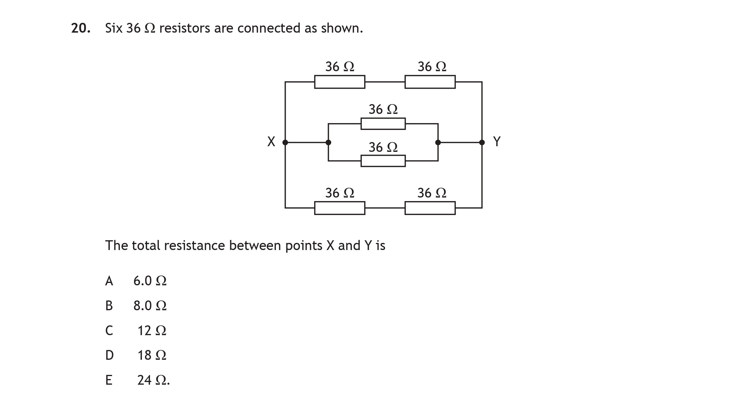 Six-36-Ω-resistors-are-connected-as-shown-Scottish Highers Physics-Question 20-2023.png