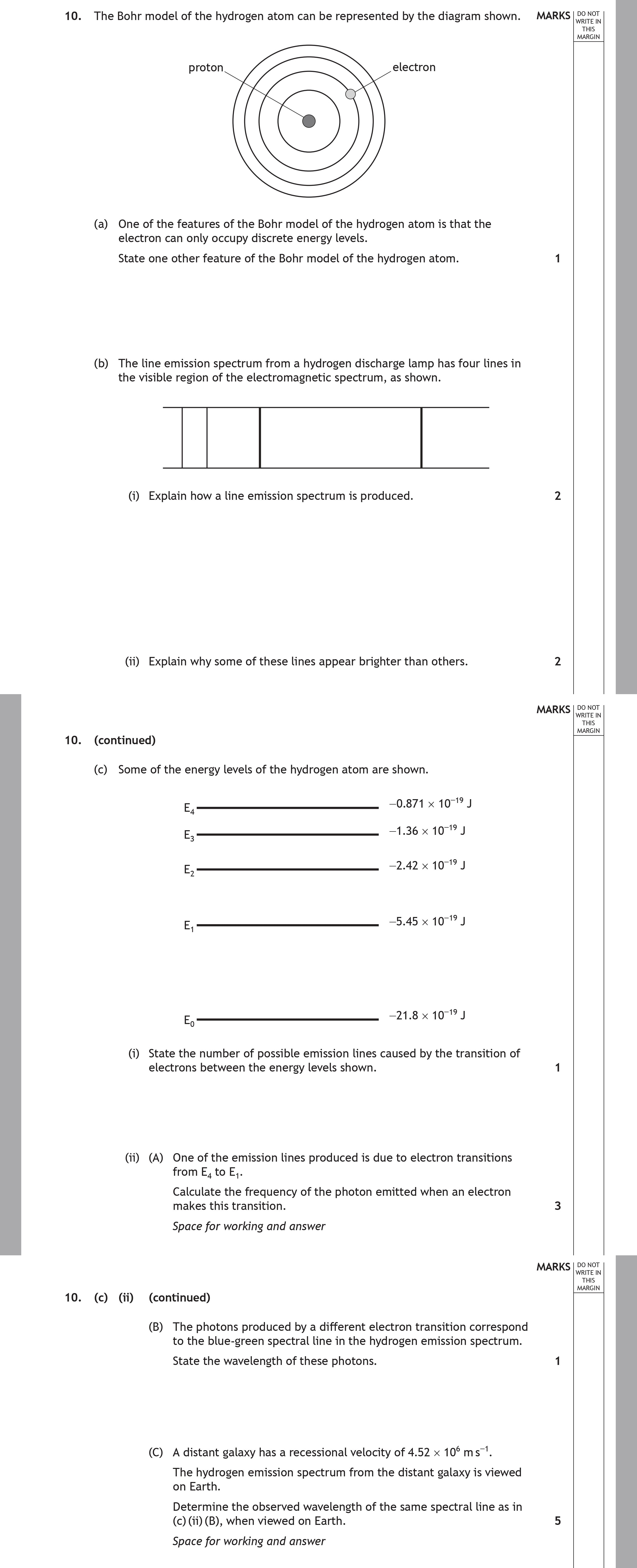 The-Bohr-model-of-the-hydrogen-atom-can-be-represented-by-the-diagram-shown-Scottish Highers Physics-Question 10-2023.png