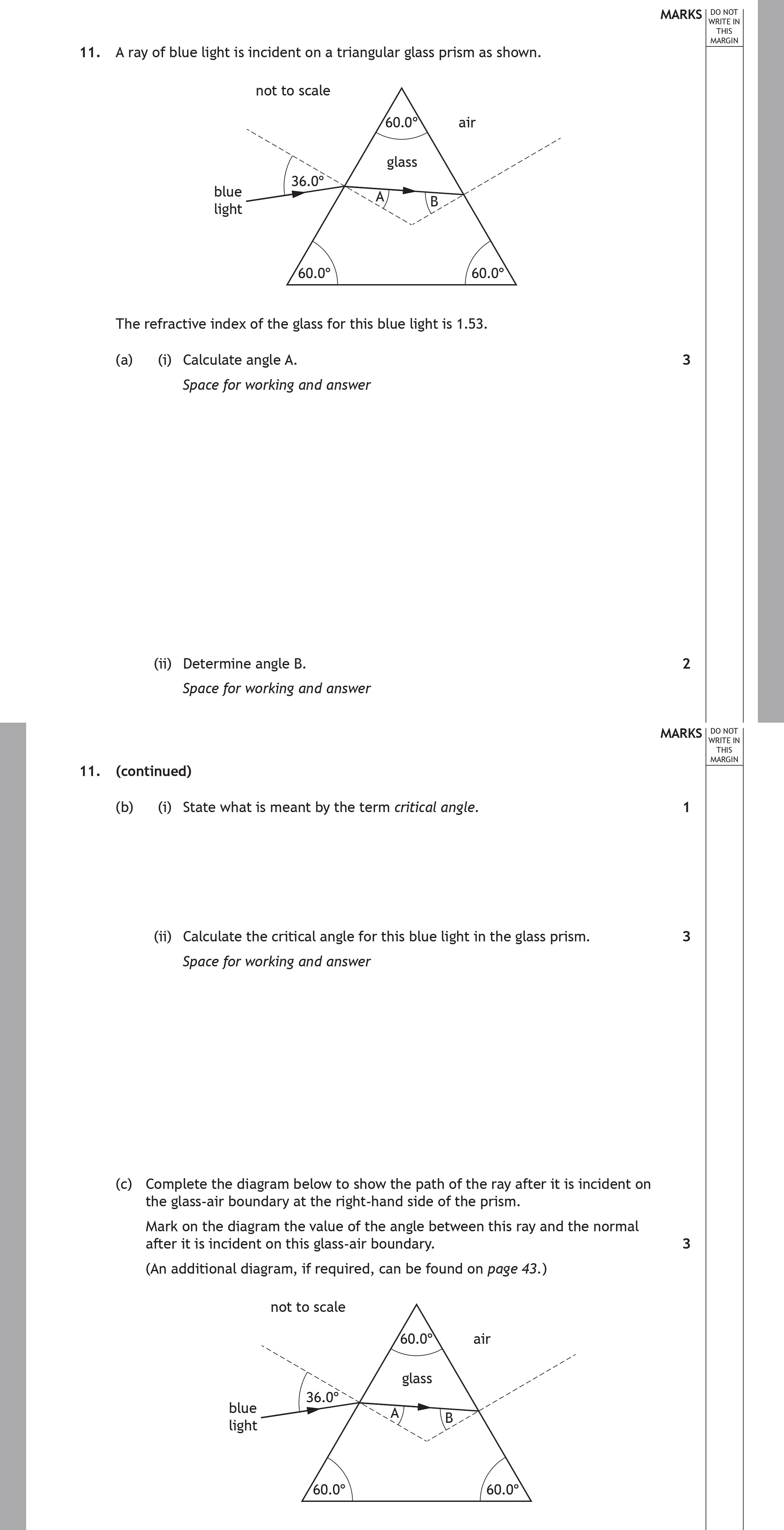 A-ray-of-blue-light-is-incident-on-a-triangular-glass-prism-as-shown-Scottish Highers Physics-Question 11-2023.png