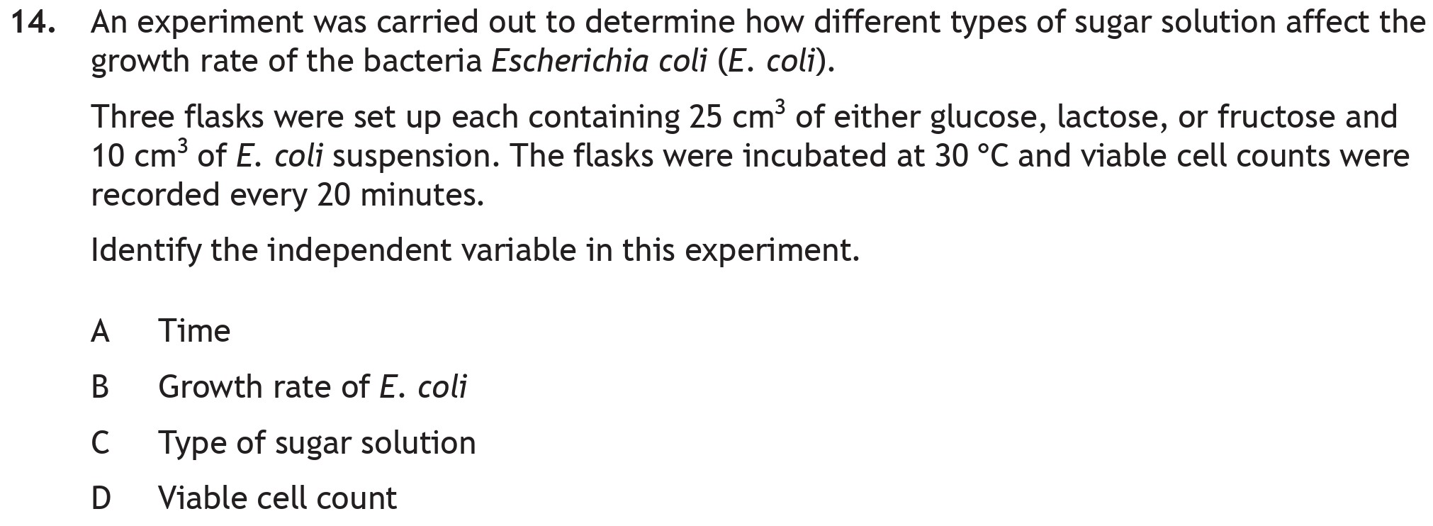 An-experiment-was-carried-out-to-determine-how-different-types-of-sugar-solution-affect-the-growth-rate-of-the-bacteria-Escherichia-coli-(E-Scottish Highers Biology-Question 14-2022.png