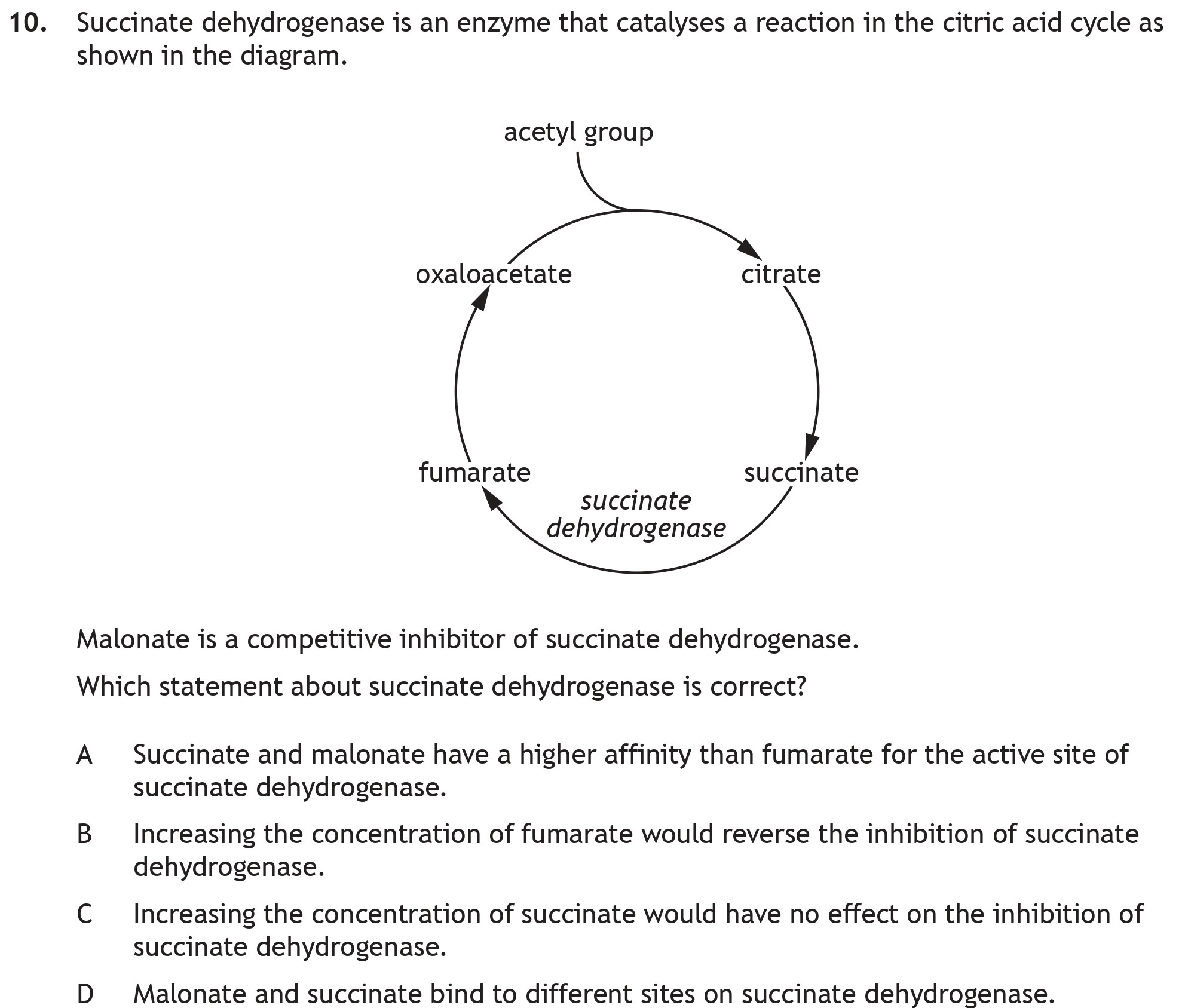 Succinate-dehydrogenase-is-an-enzyme-that-catalyses-a-reaction-in-the-citric-acid-cycle-as-shown-in-the-diagram-Scottish Highers Biology-Question 10-2023.png