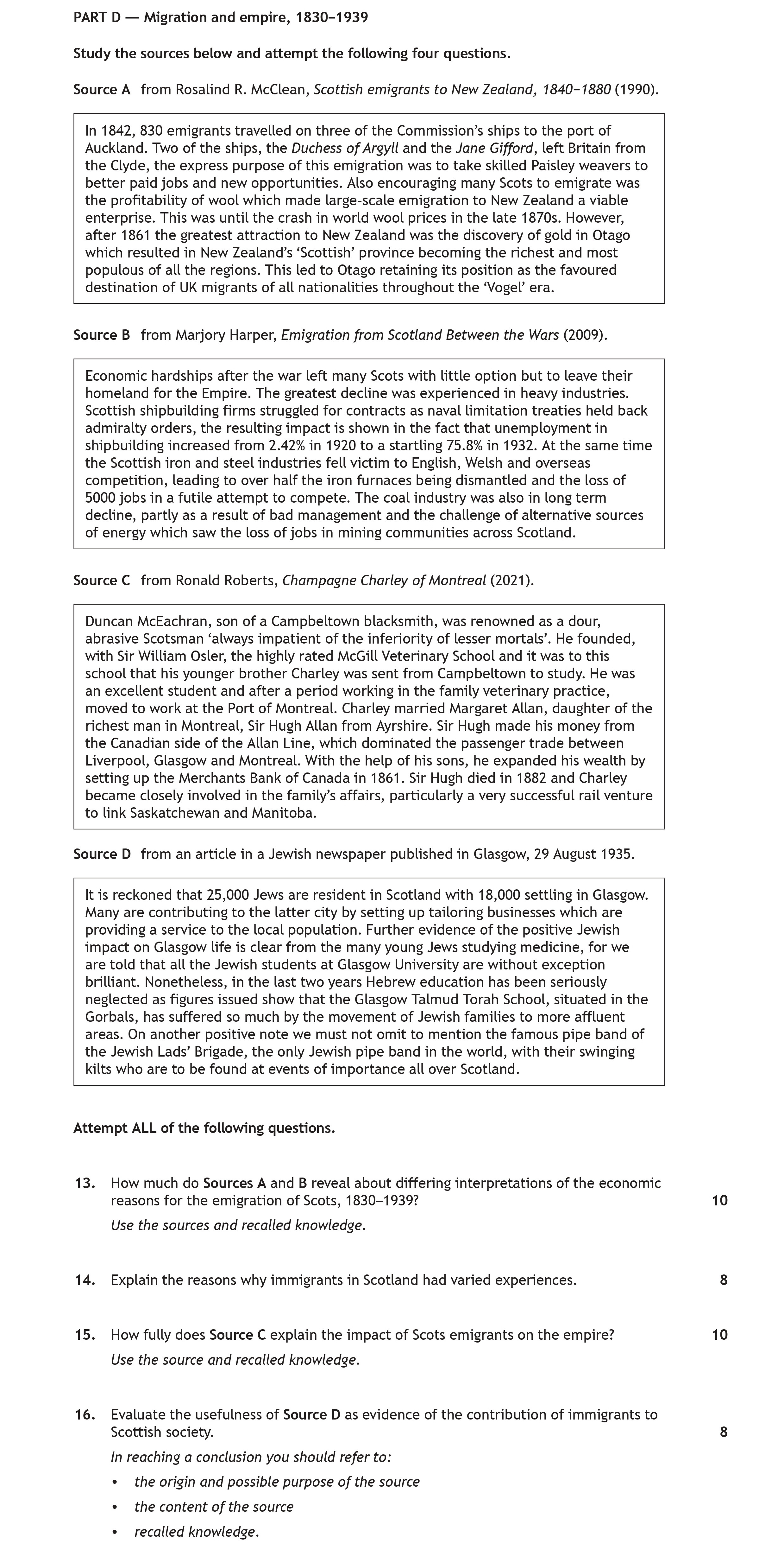 How-much-do-Sources-A-and-B-reveal-about-differing-interpretations-of-the-economic-reasons-for-the-emigration-of-Scots,-1830–1939?--Use-the-sources-and-related-knowledge.-Scottish Highers History-Question 13-2023.png