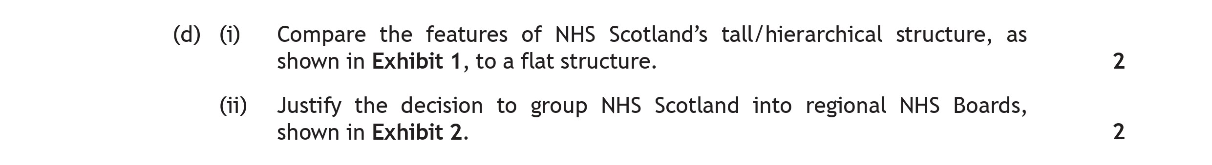 Compare-the-features-of-NHS-Scotland's-tall/hierarchical-structure,-as-shown-in-Exhibit-1,-to-a-flat-structure-Scottish Highers Business Management-Question d-2019.png
