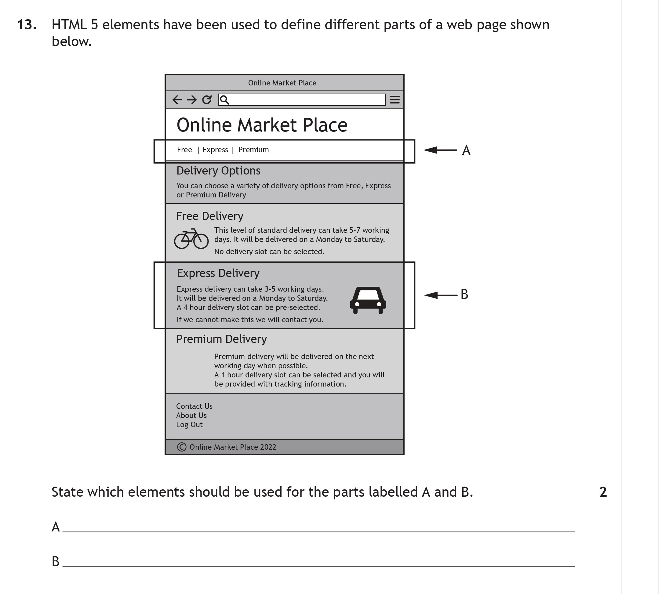 HTML-5-elements-have-been-used-to-define-different-parts-of-a-web-page-shown-below-Scottish Highers Computing Science-Question 13-2022.png