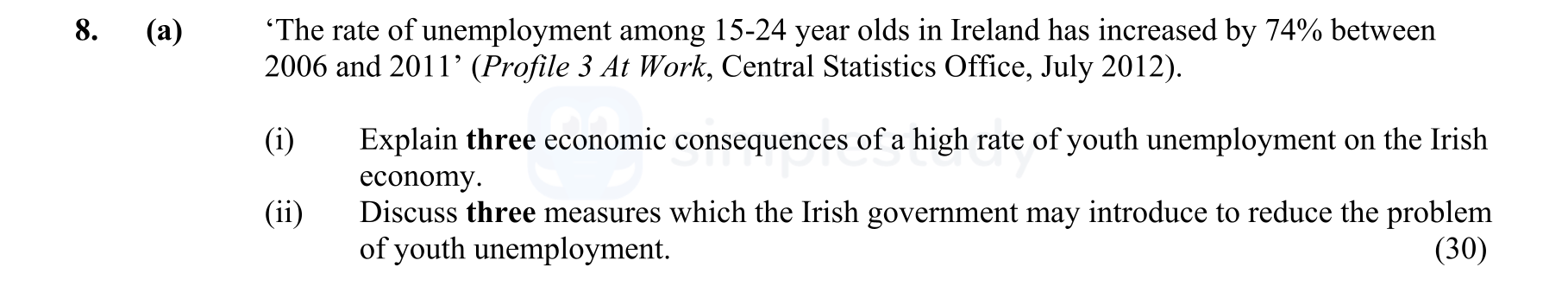 'The-rate-of-unemployment-among-15-24-year-olds-in-Ireland-has-increased-by-74%-between-2006-and-2011'-(Profile-3-at-Work,-Central-Statistics-Office,-July-2012)-Leaving Cert Economics-Question 8 (a)-2013.png