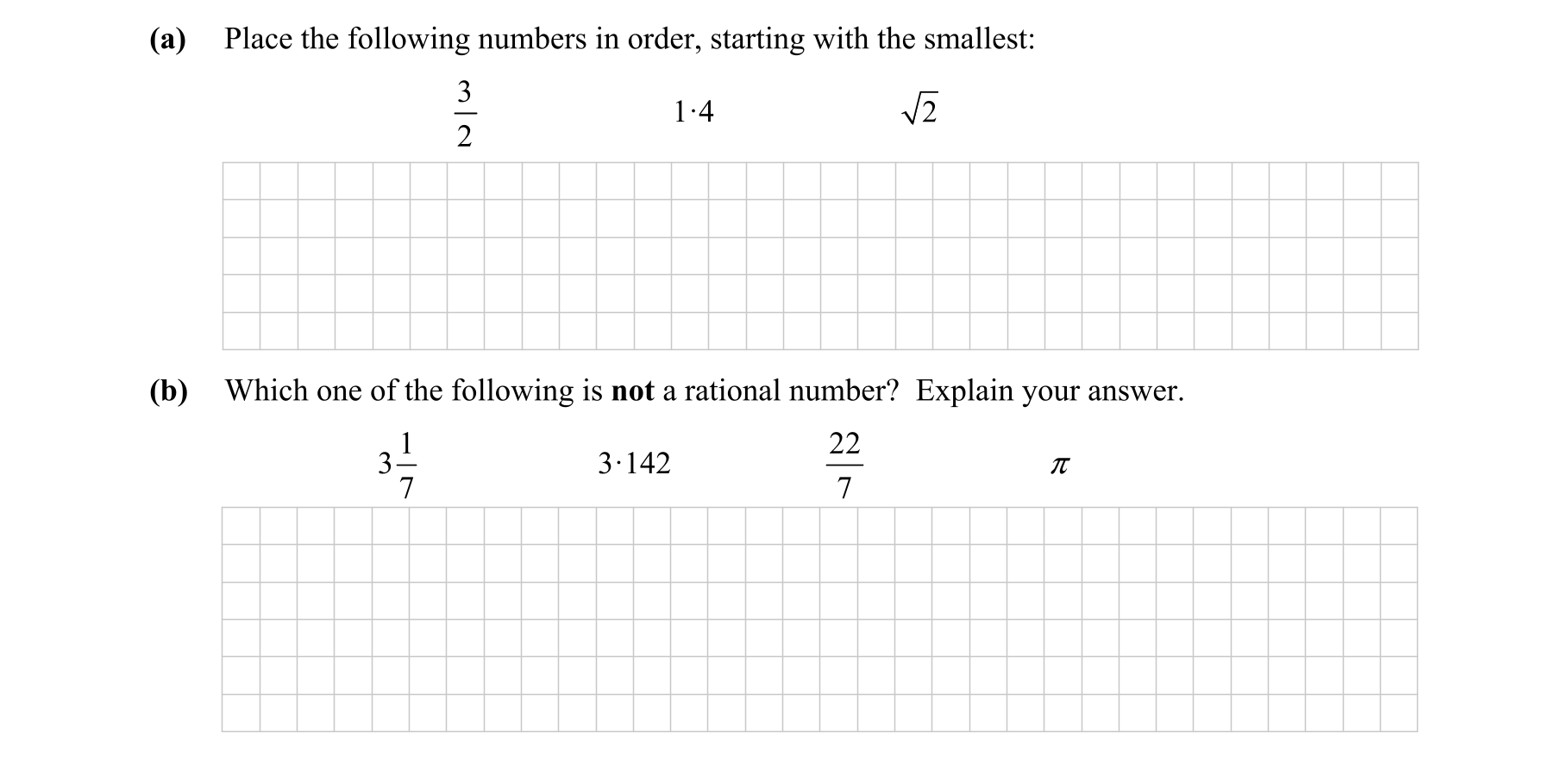 Place-the-following-numbers-in-order,-starting-with-the-smallest:--$$\frac{3}{2}-\,-\quad-1---4-\,-\quad-\sqrt{2}$$---Which-one-of-the-following-is-not-a-rational-number?-Explain-your-answer-Junior Cycle Mathematics-Question a-2014.png