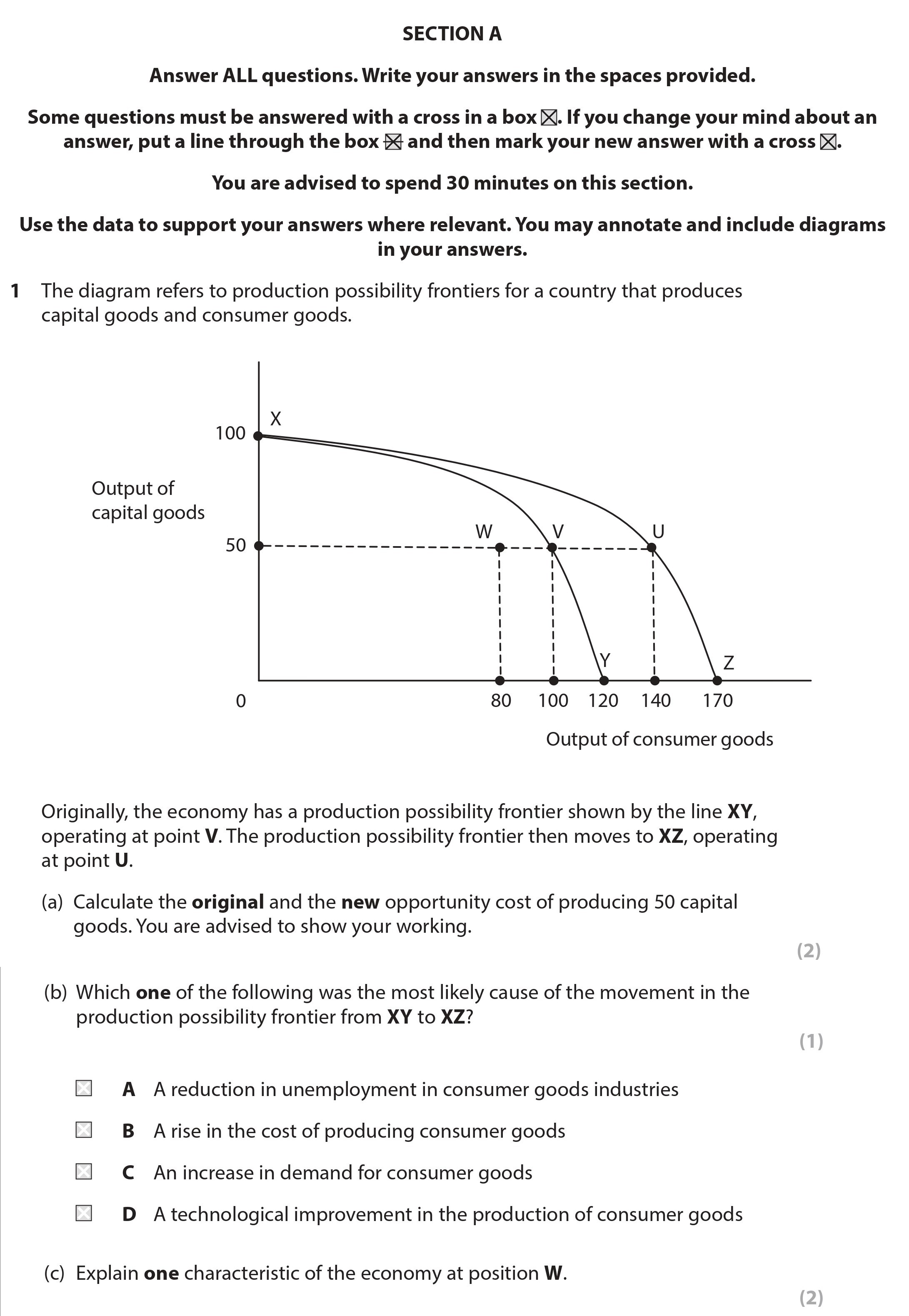 The-diagram-refers-to-production-possibility-frontiers-for-a-country-that-produces-capital-goods-and-consumer-goods-Edexcel-A-Level Economics A-Question 1-2018-Paper 1.png