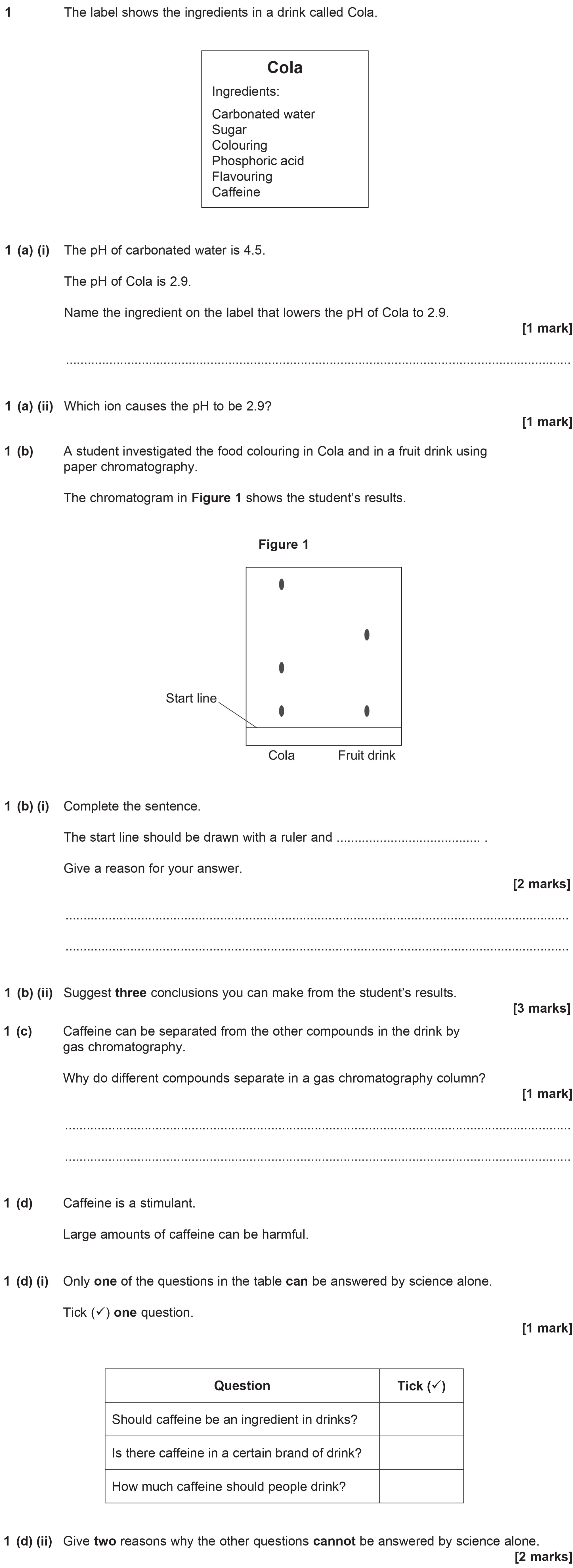 The-label-shows-the-ingredients-in-a-drink-called-Cola-AQA-GCSE Chemistry-Question 1-2014-Paper 1.png