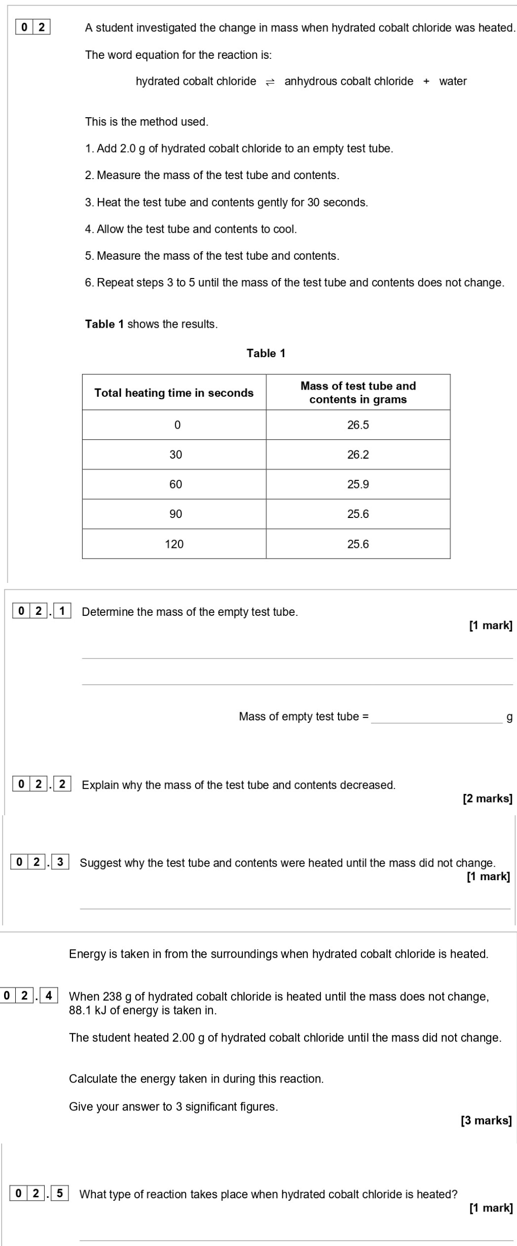 A-student-investigated-the-change-in-mass-when-hydrated-cobalt-chloride-was-heated-AQA-GCSE Chemistry-Question 2-2022-Paper 2.png